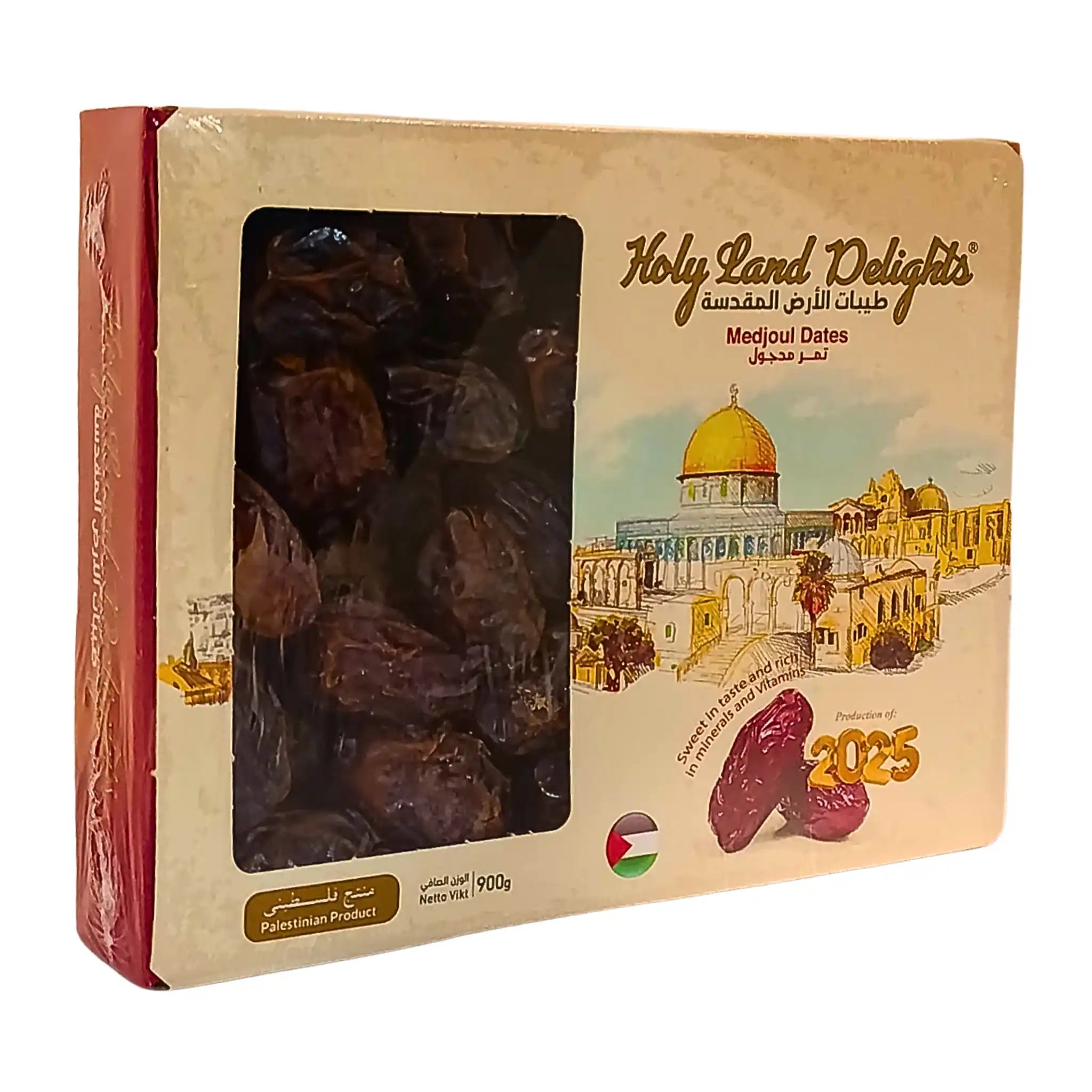 Förpackning med Medjoul-dadlar 900g, synliga dadlar och illustration av Jerusalem.