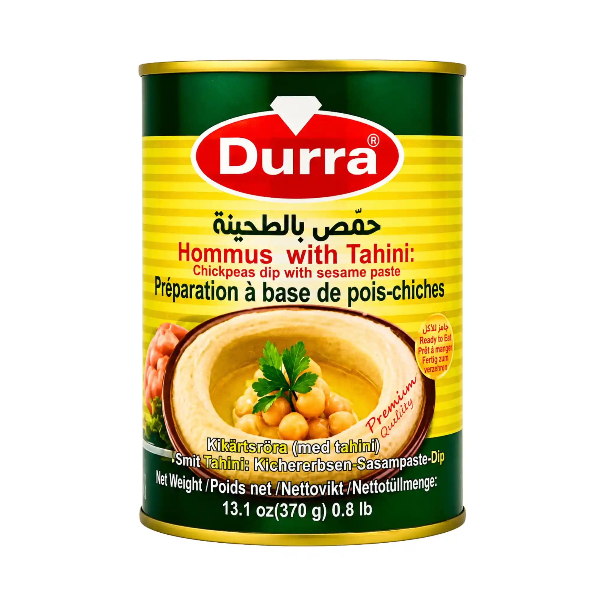 Durra hummus tahina i metallburk med etikett och gulgrön design.