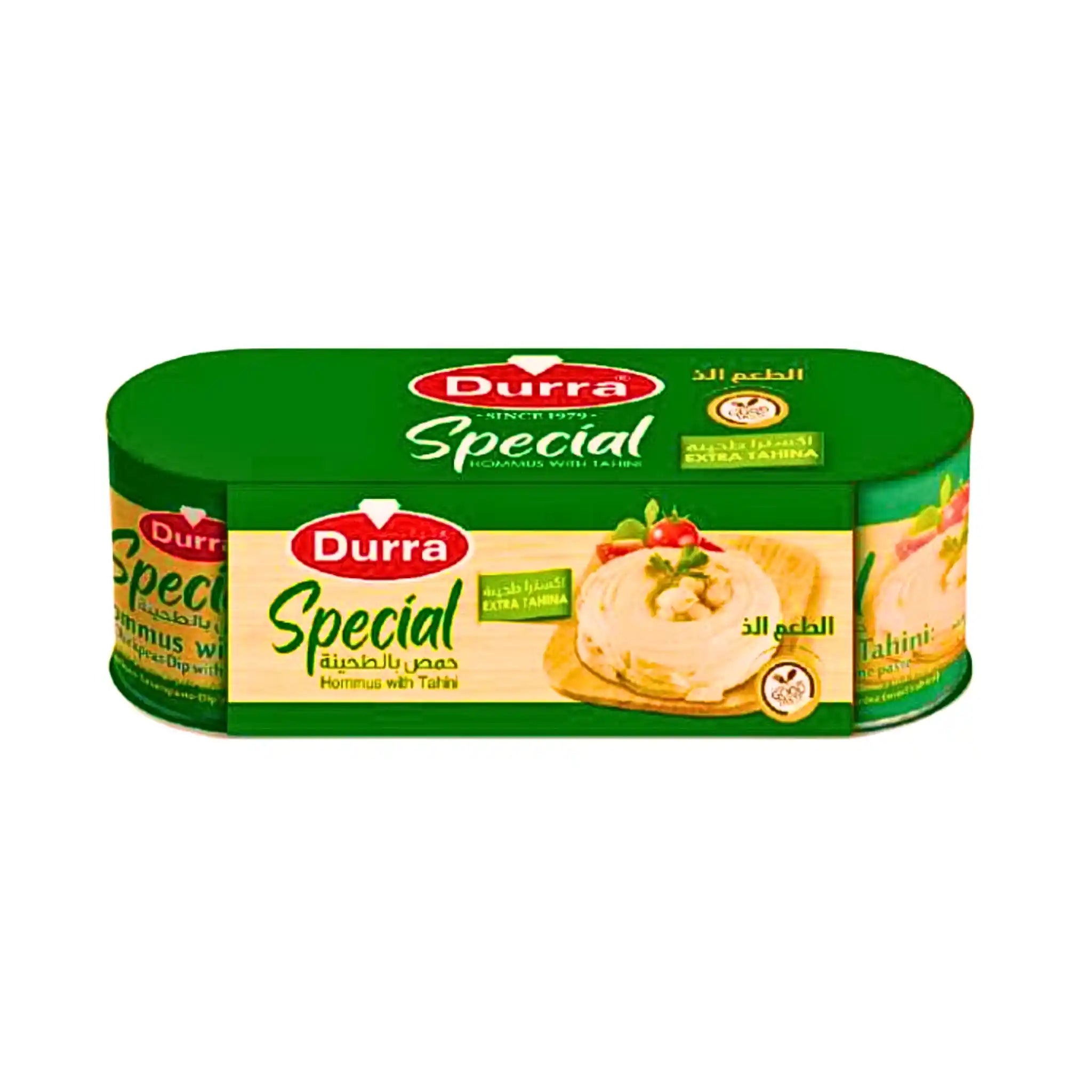 Durra hummus med tahini burk, grön och beige förpackning, orientaliskt pålägg