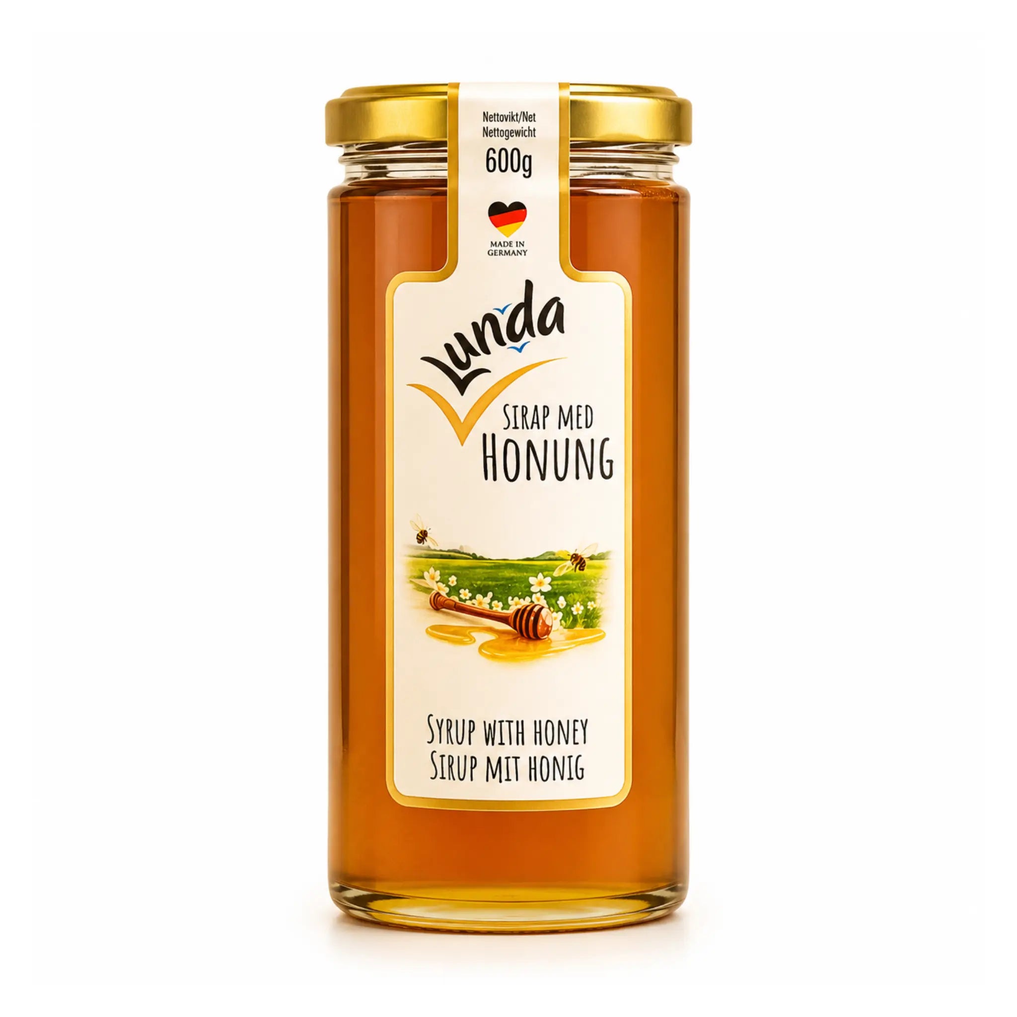 Honungsirap i glasburk med guldlock, etikett och 600 g-märkning.