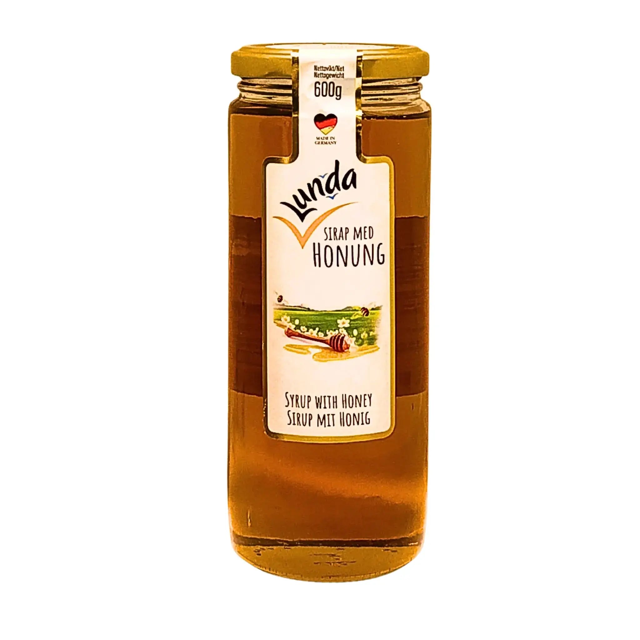 Lunda sirap med honung 600g i glasburk, etikett med naturmotiv, orientaliska smaker