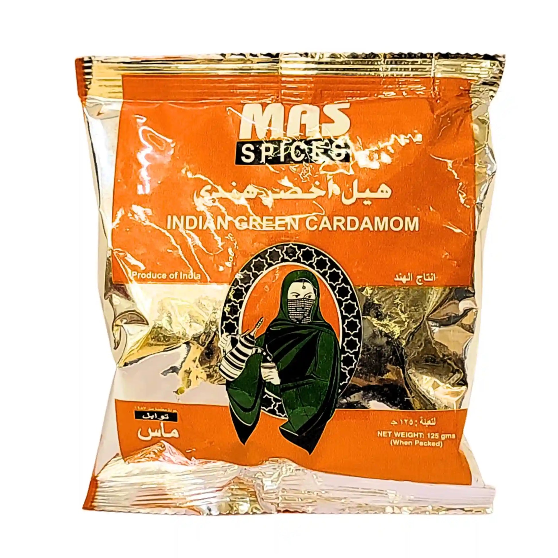 Förpackning med indisk grön kardemumma 125g, MAS Spices, krydda orientaliska rätter.