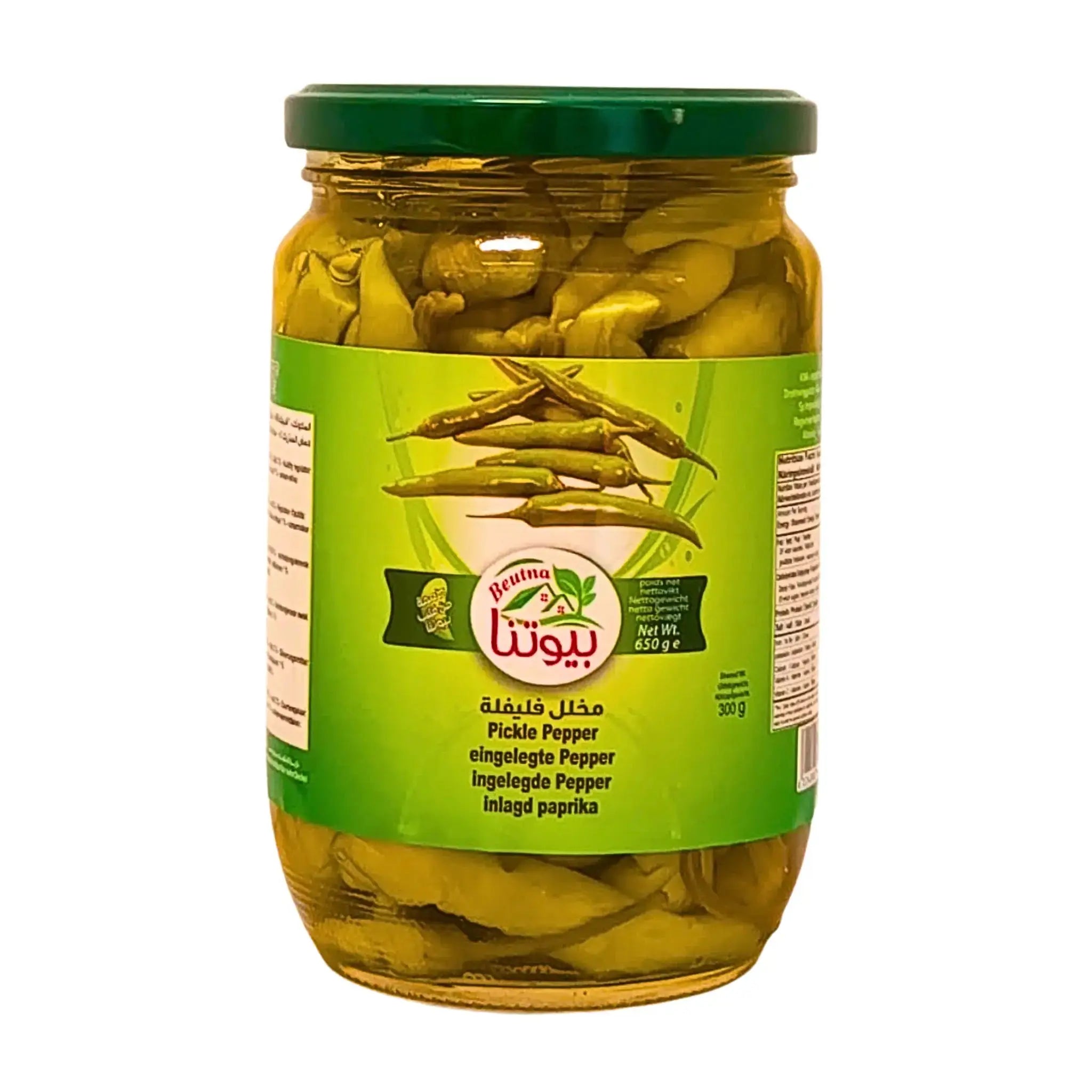 Glasburk med inlagd paprika i skivor, grön etikett, orientaliska smaker, 300g.