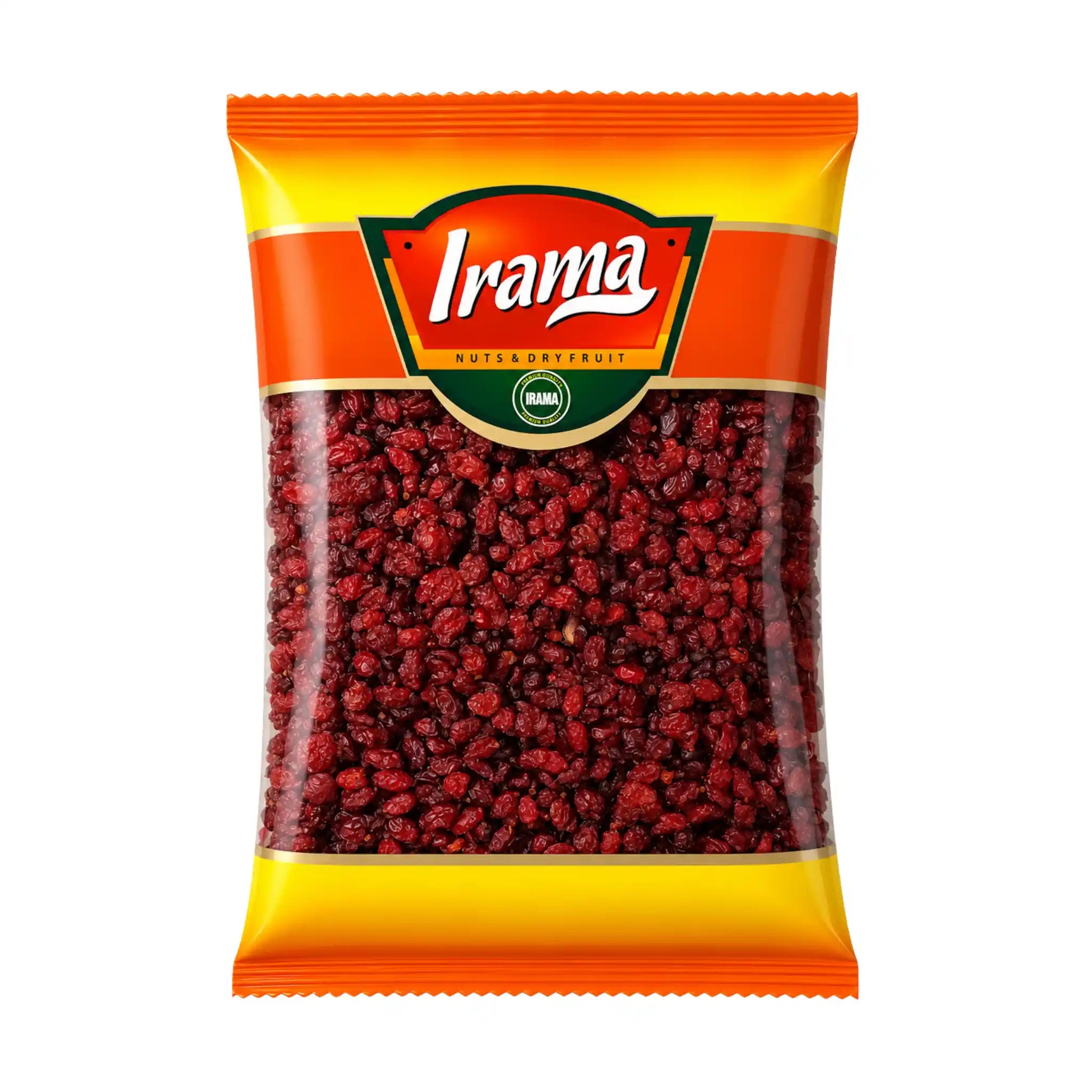 Torkade berberisbär i gul och röd förpackning, Irama 300 g