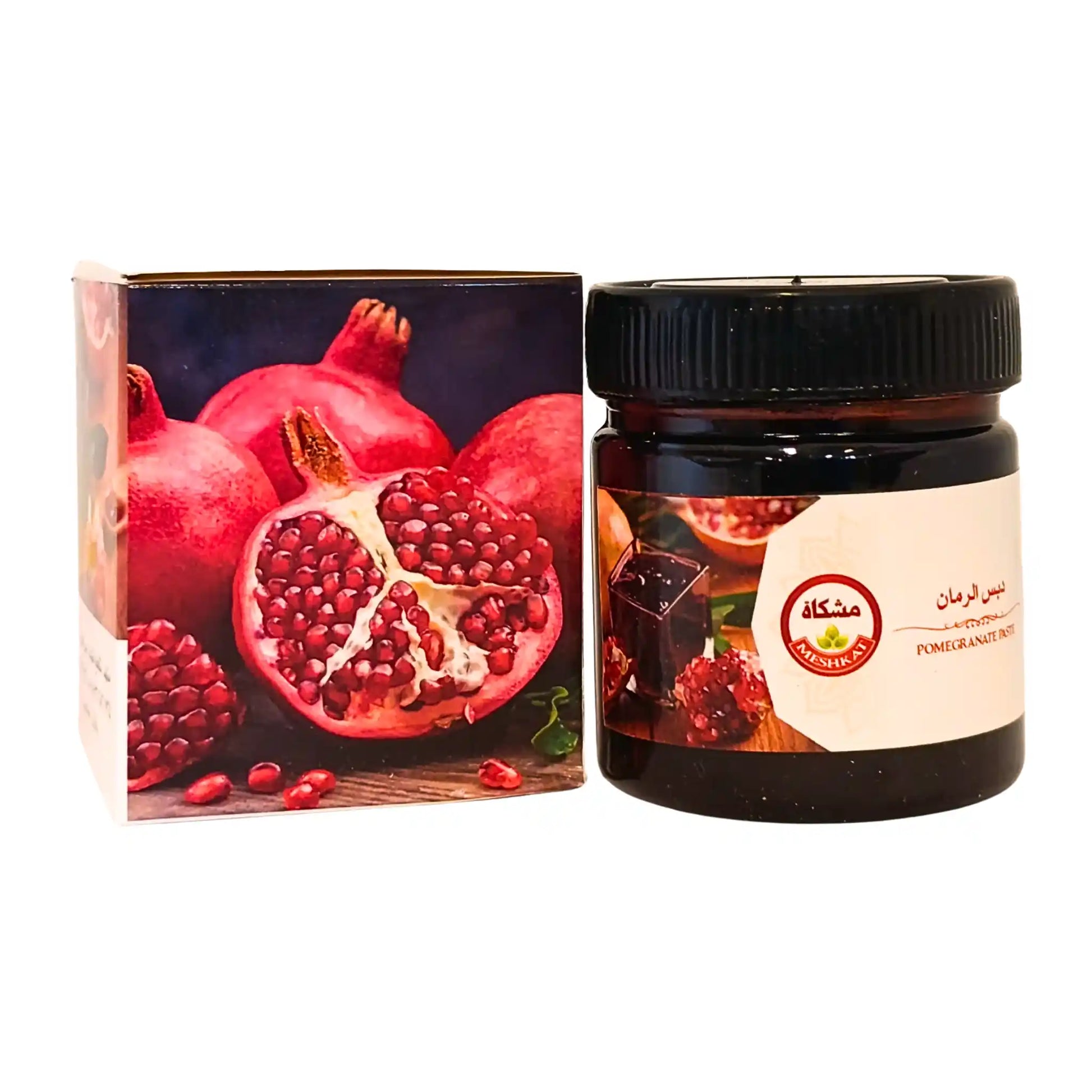 Iransk granatäpplepuré Meshkat 200g, burk och förpackning med granatäpplebild