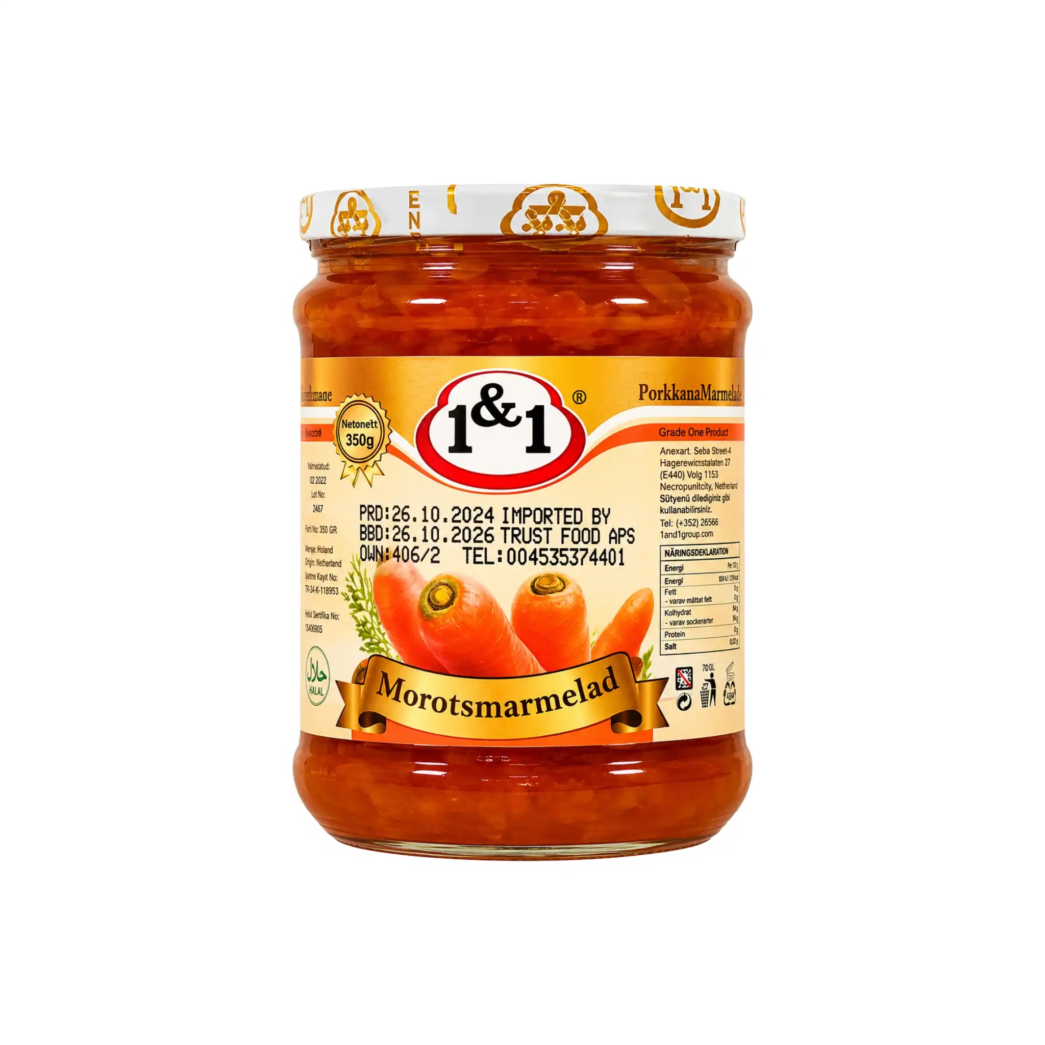 1&1 morotsmarmelad i glasburk med orange etikett, 350 g
