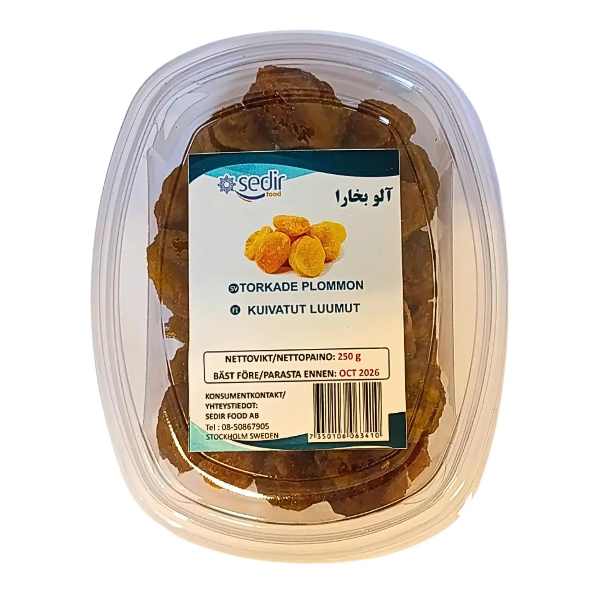 Förpackning med iranska torkade plommon 250g, tydlig etikett, orientaliska livsmedel