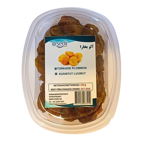 Förpackning med iranska torkade plommon 250g, tydlig etikett, orientaliska livsmedel