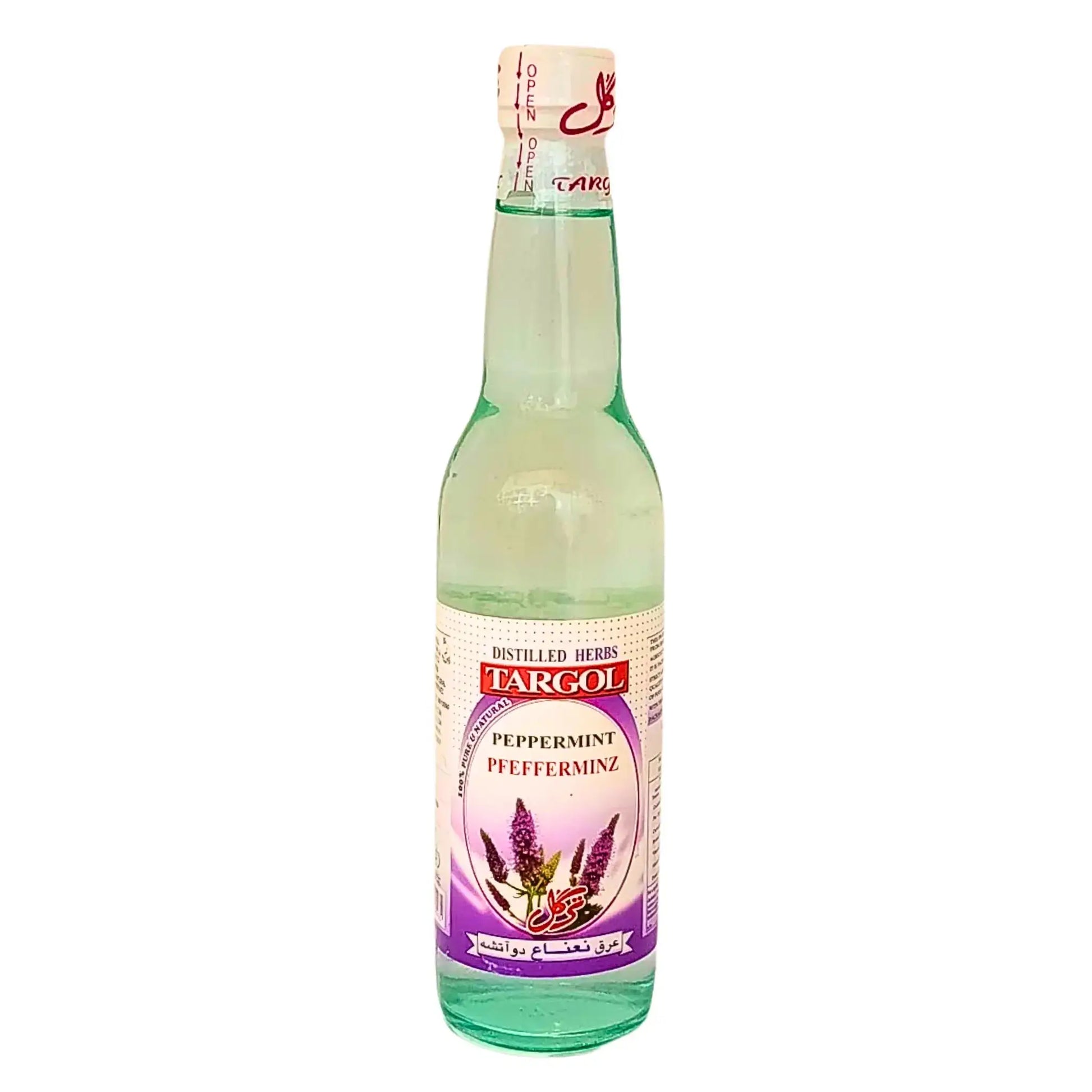 Iransk arak mynta Targol 400ml glasflaska med violett etikett på vit bakgrund