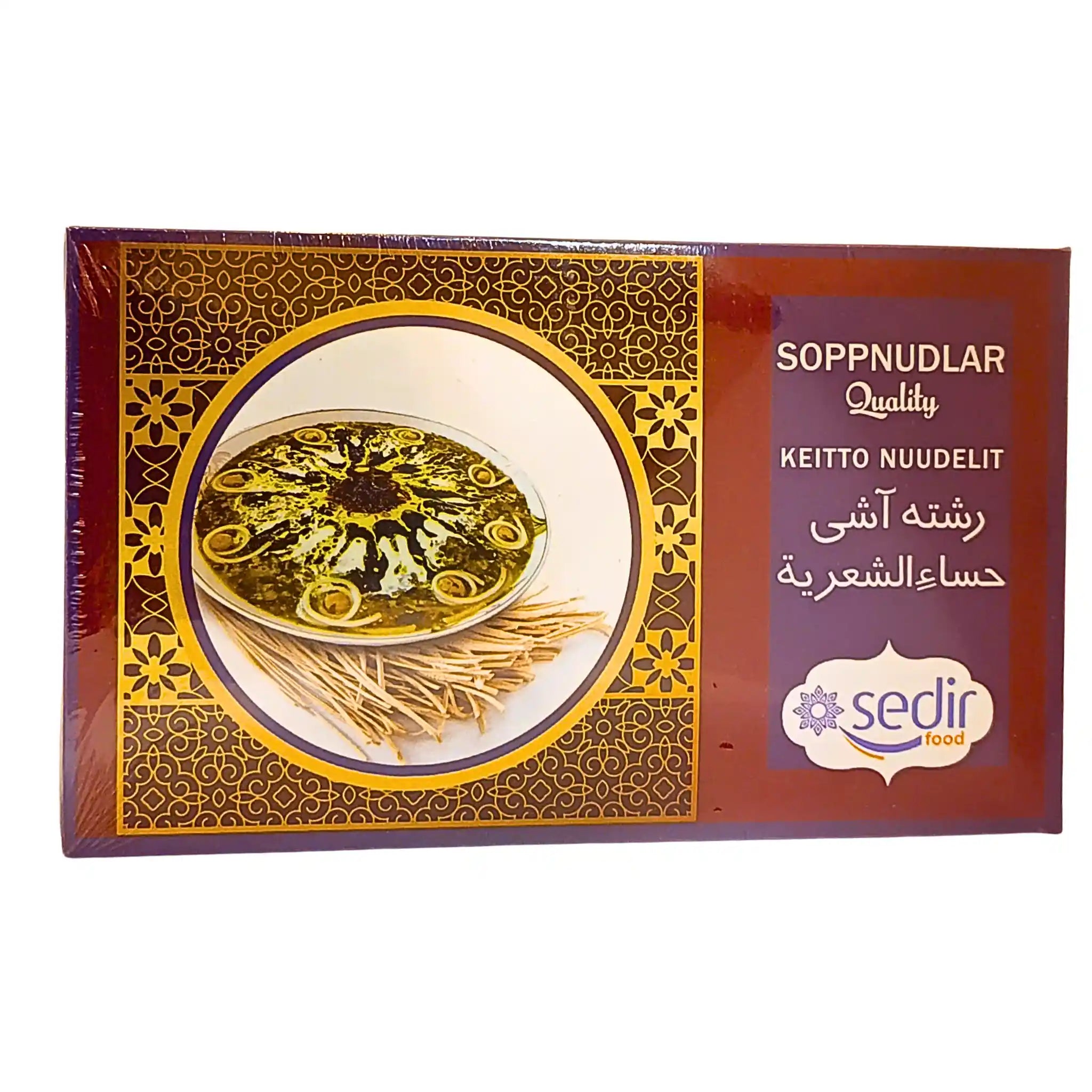 Iranska sopnudlar Ash Reshteh 700g, förpackning med orientaliskt mönster och maträttsbild