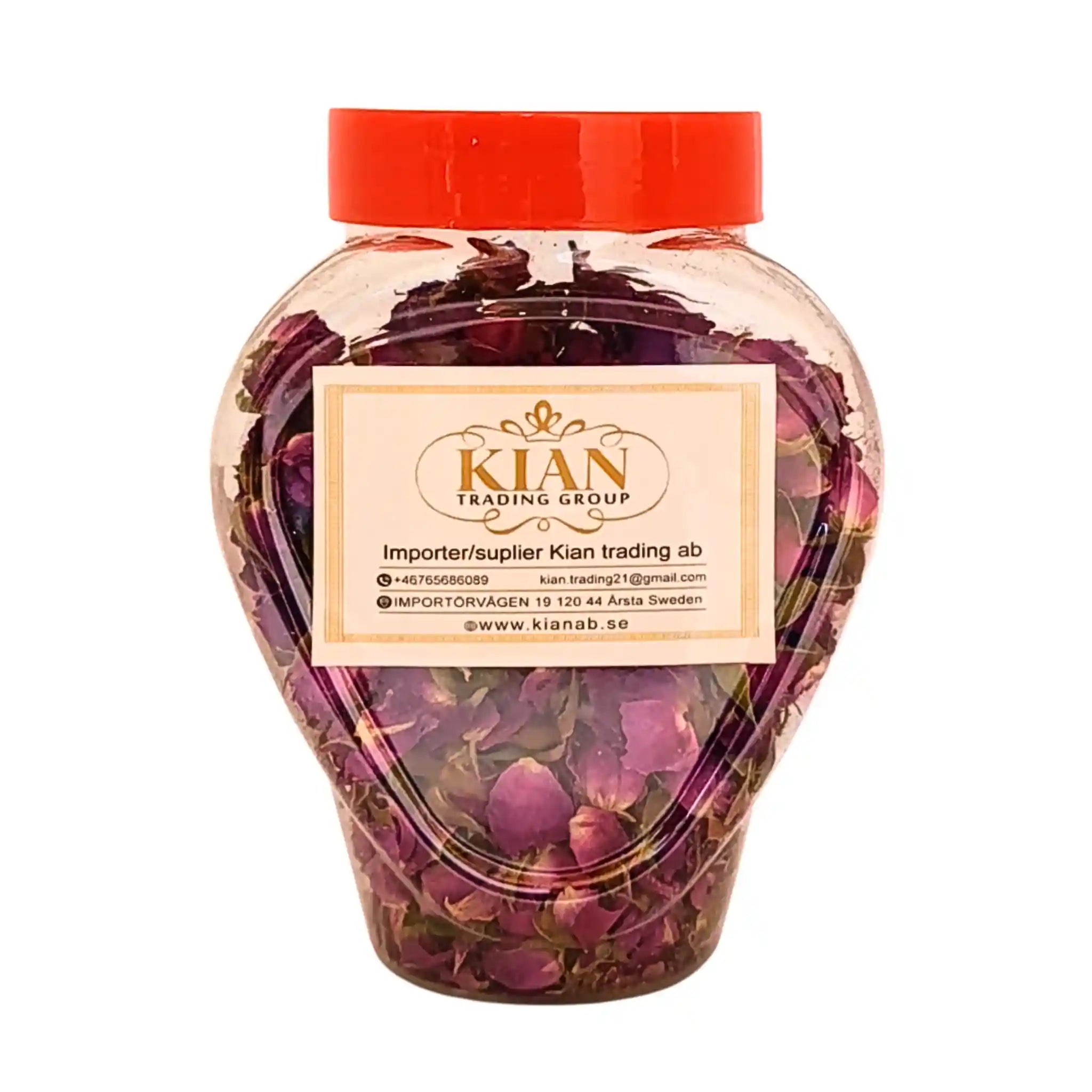 Plastburk med torkade iranska damaskusroser, 60g, och röd skruvlock