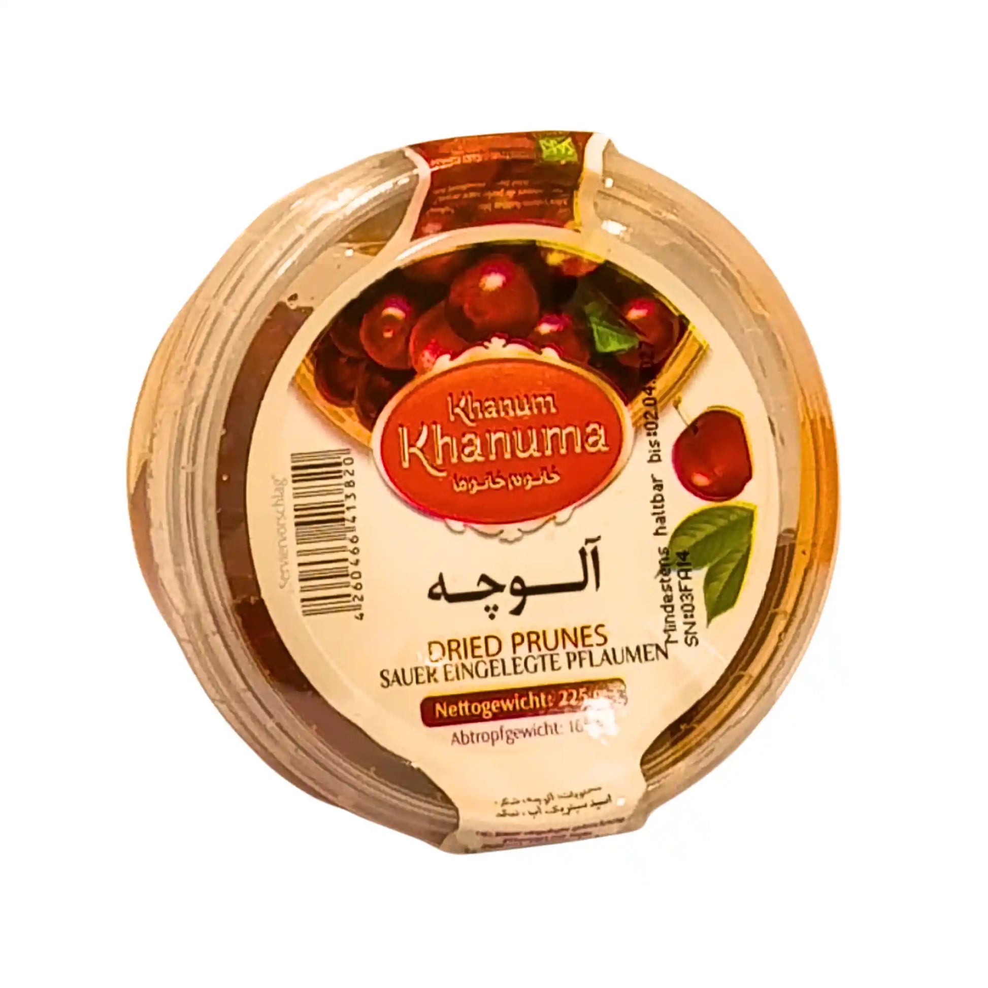 Iransk torkad plommon Lavashak i rund plastförpackning, etikett med plommonmotiv.