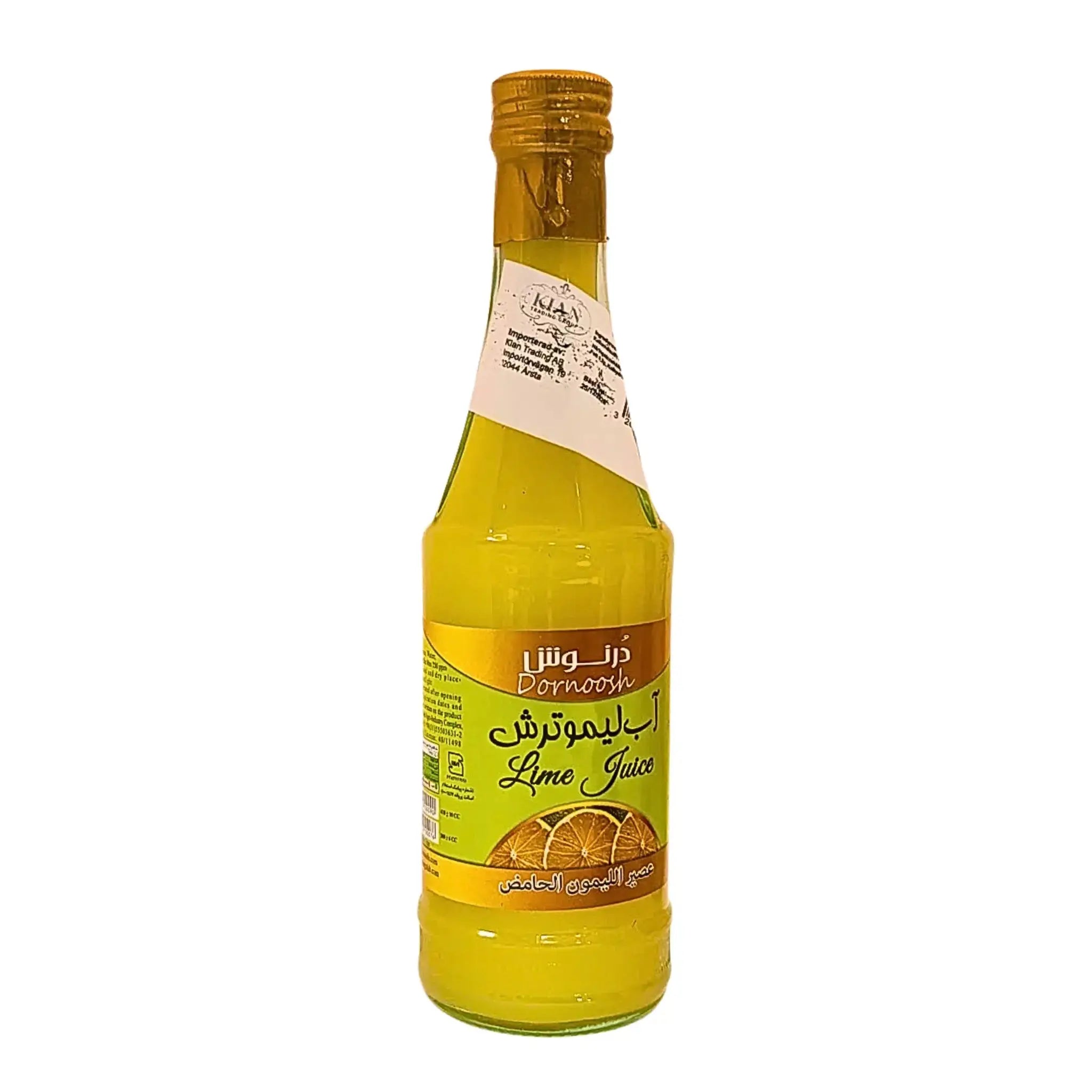 Flaska med iransk limejuice, gul etikett, orientaliska tecken, 500ml