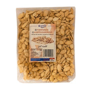 Påse med rostade och saltade iranska pumpafrön, 150g, synlig näringsinfo på etiketten.
