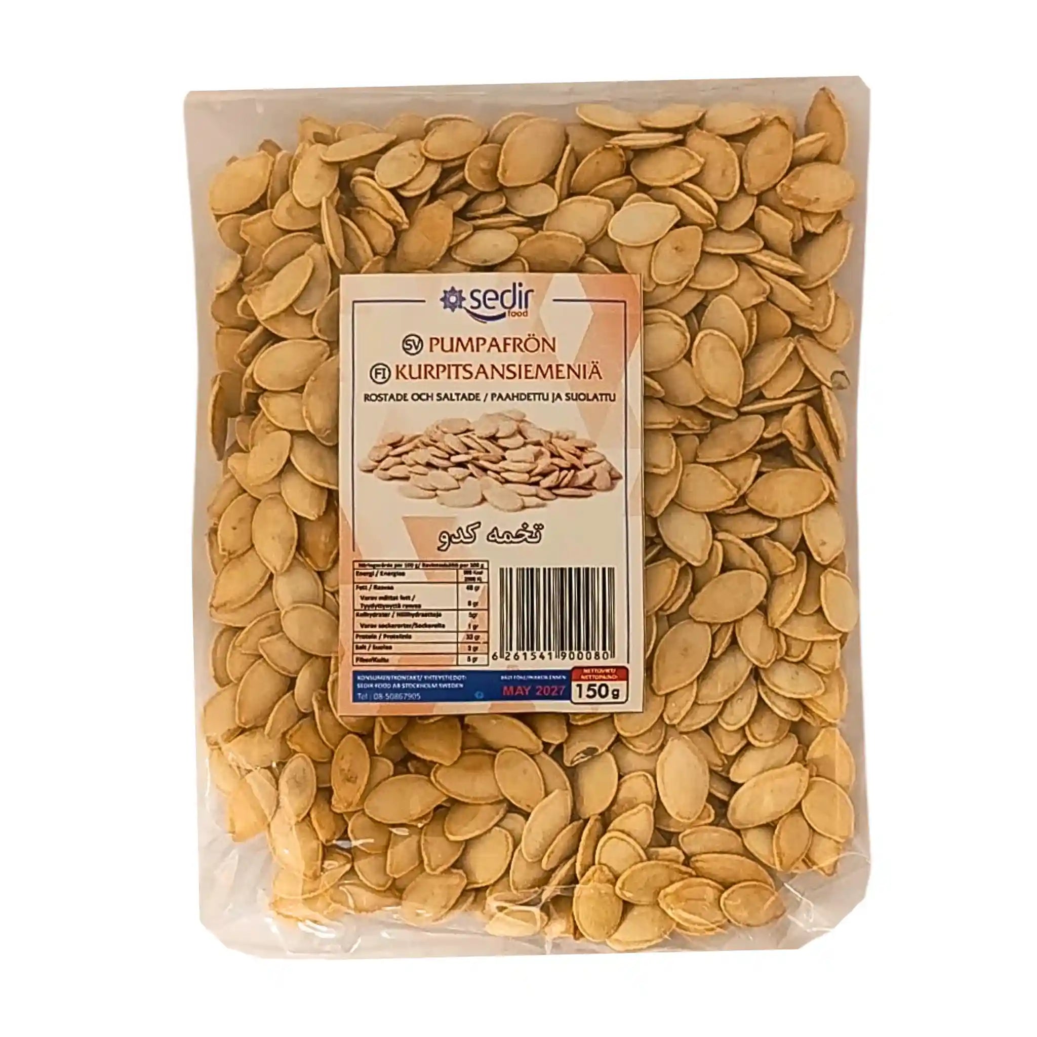 Påse med rostade och saltade iranska pumpafrön, 150g, synlig näringsinfo på etiketten.