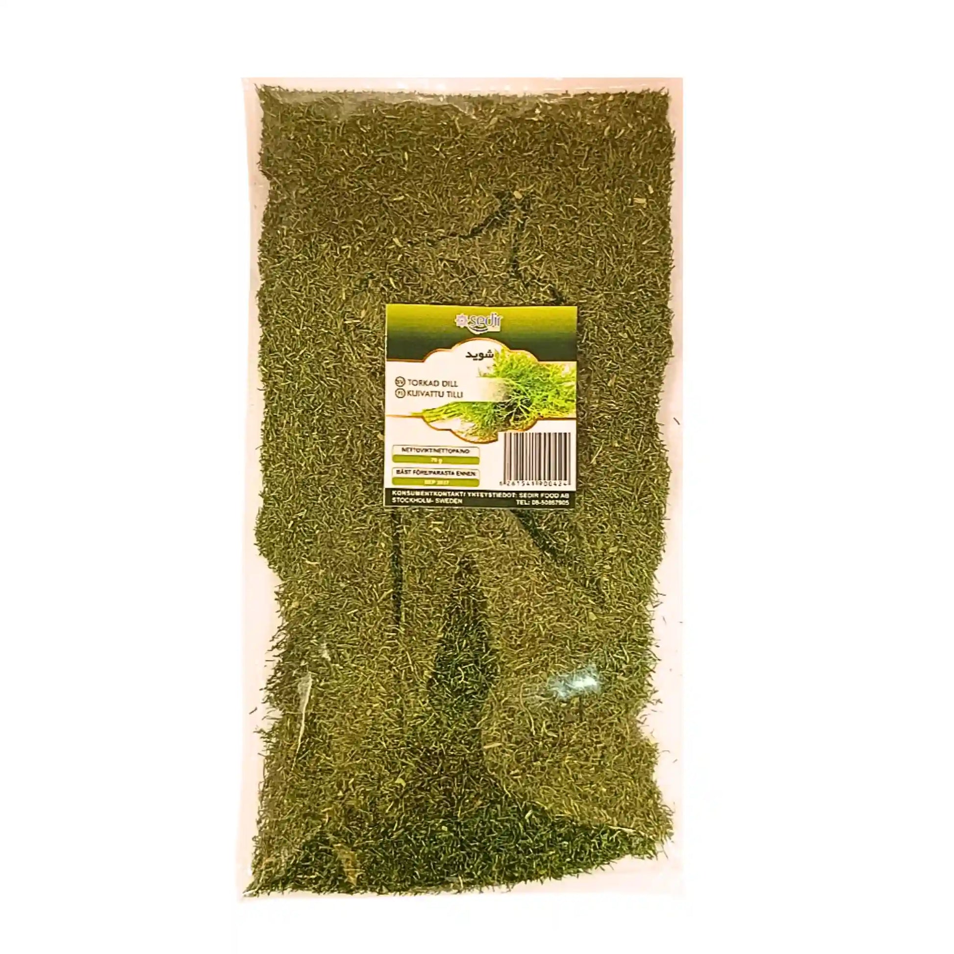 70g förpackning med torkad dill, iransk krydda med grön etikett på plastpåse