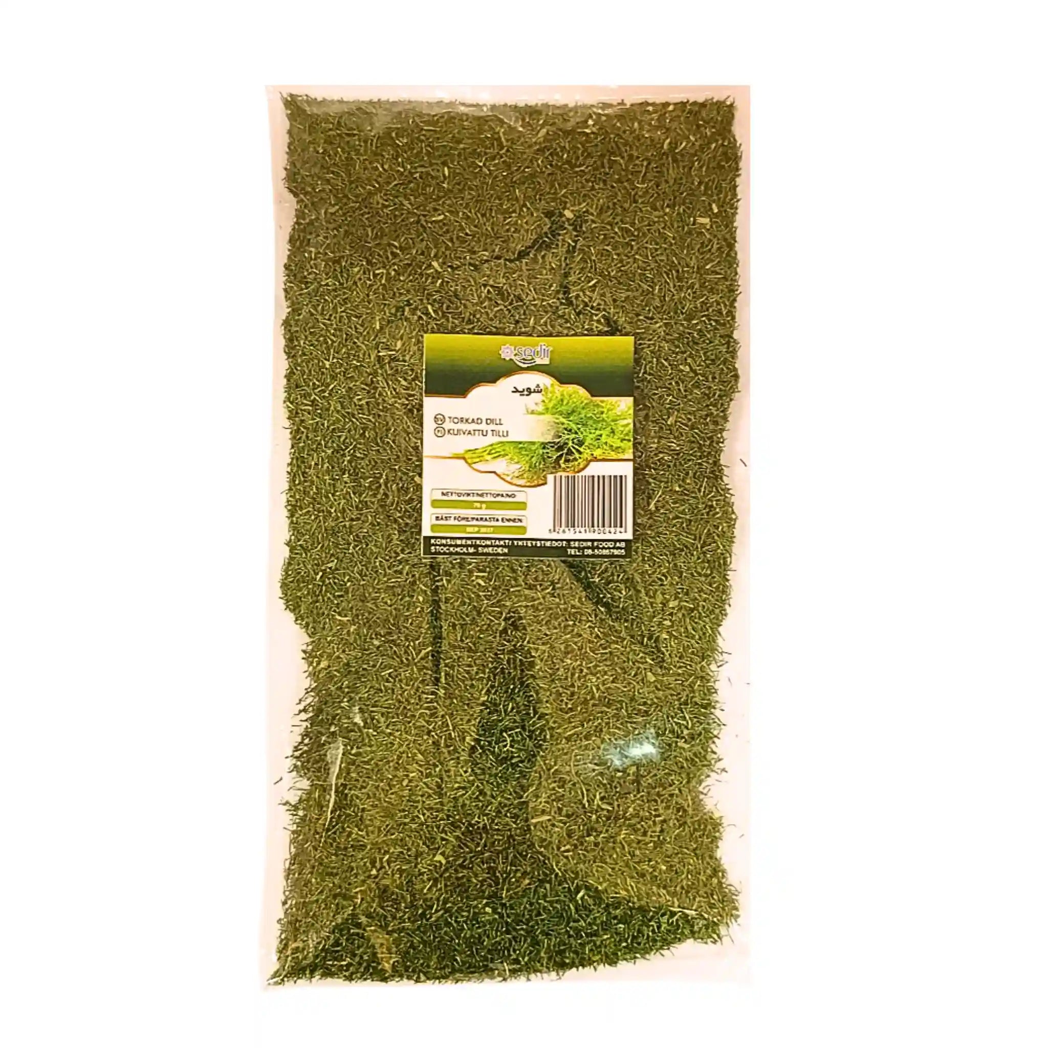 70g förpackning med torkad dill, iransk krydda med grön etikett på plastpåse