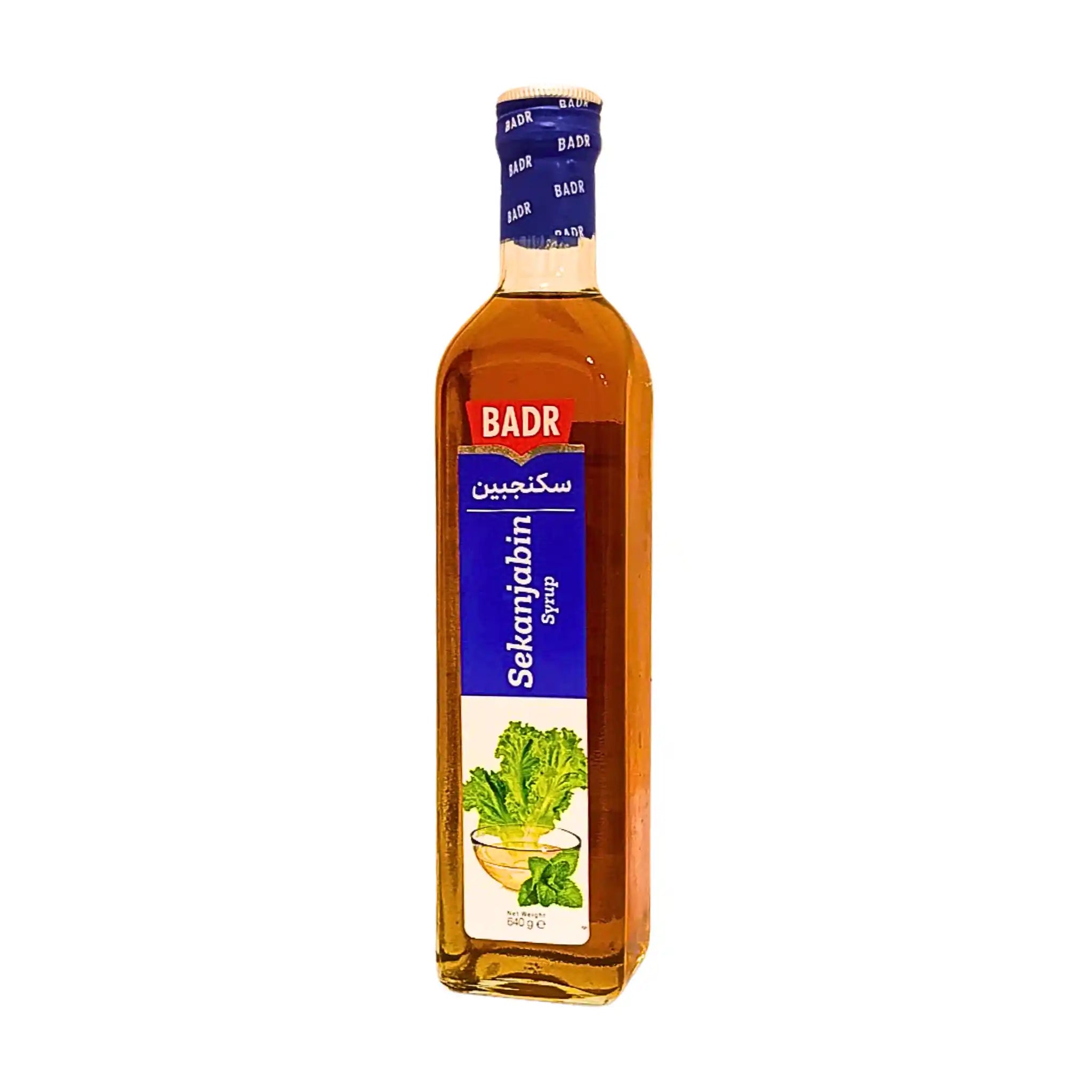 Iransk Sekanjabin juice 500ml i glasflaska med grönsaksmotiv på vit bakgrund