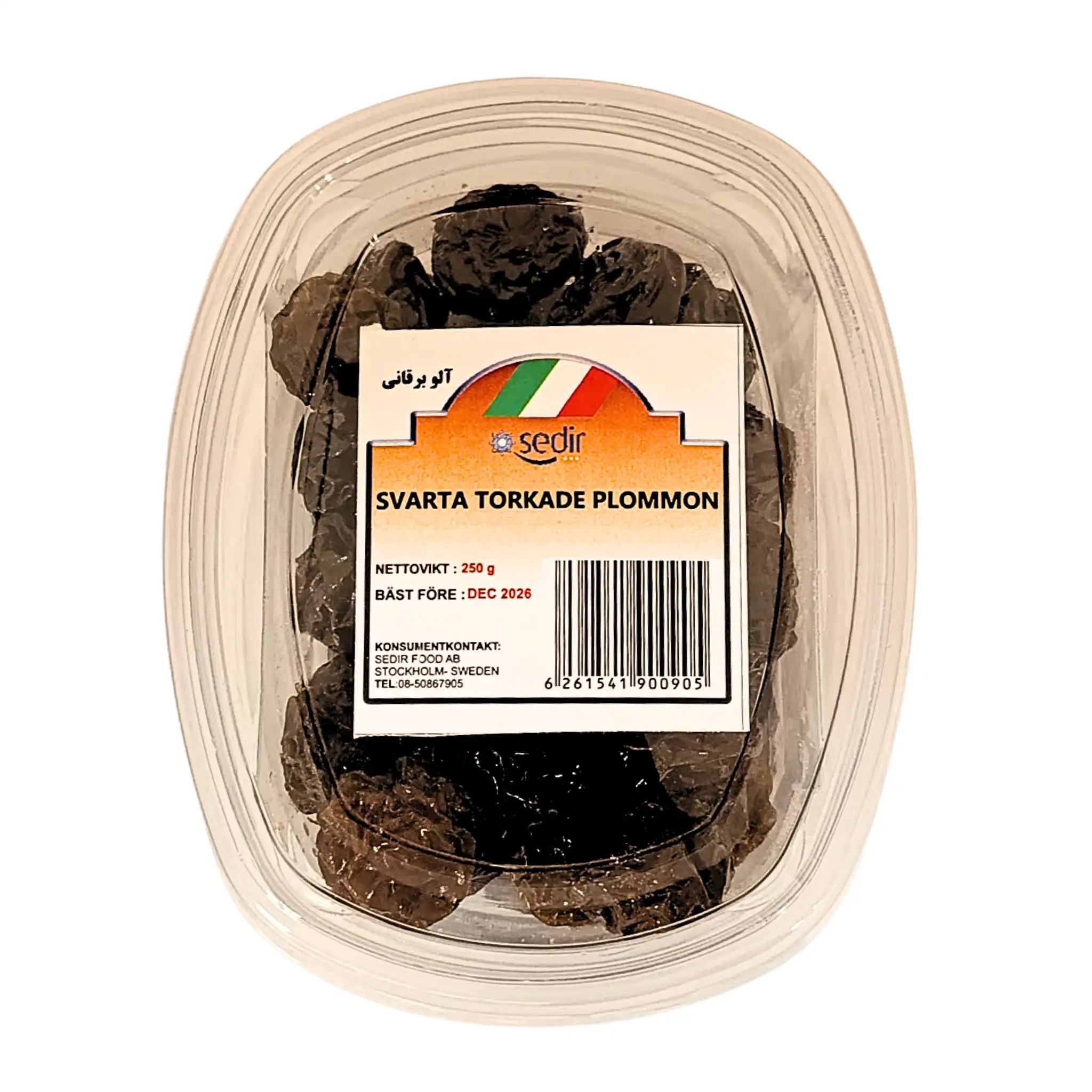 Plastburk med svarta torkade plommon, etikett med vikt och bäst före-datum, 250g.