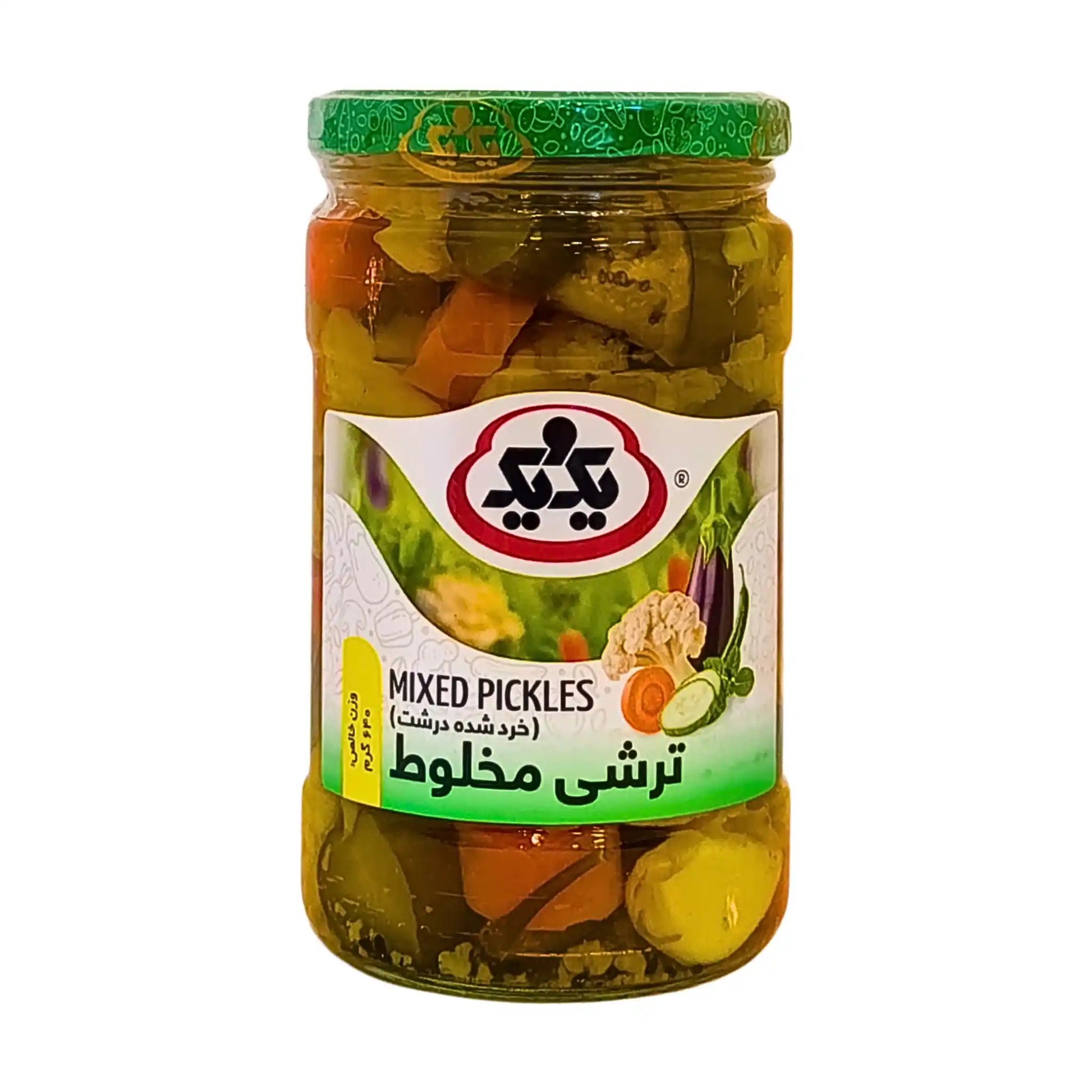 Burk med iranska inlagda grönsaker, mixed pickles, 660g på vit bakgrund