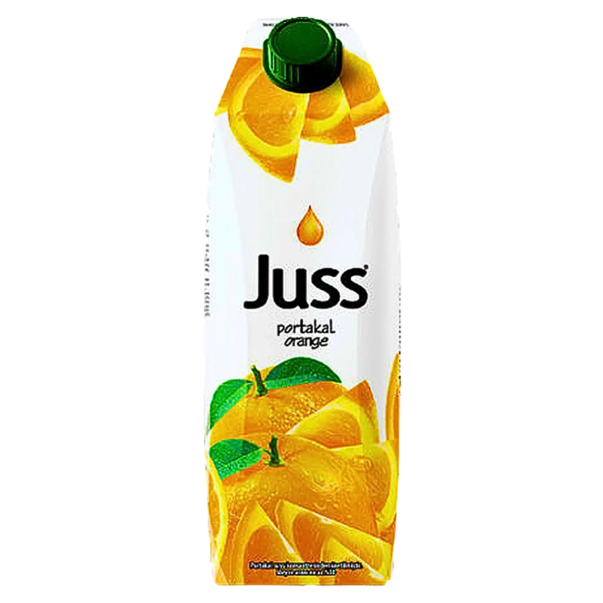 Juss apelsinjuice 1L förpackning med saftiga apelsinskivor och grön kork