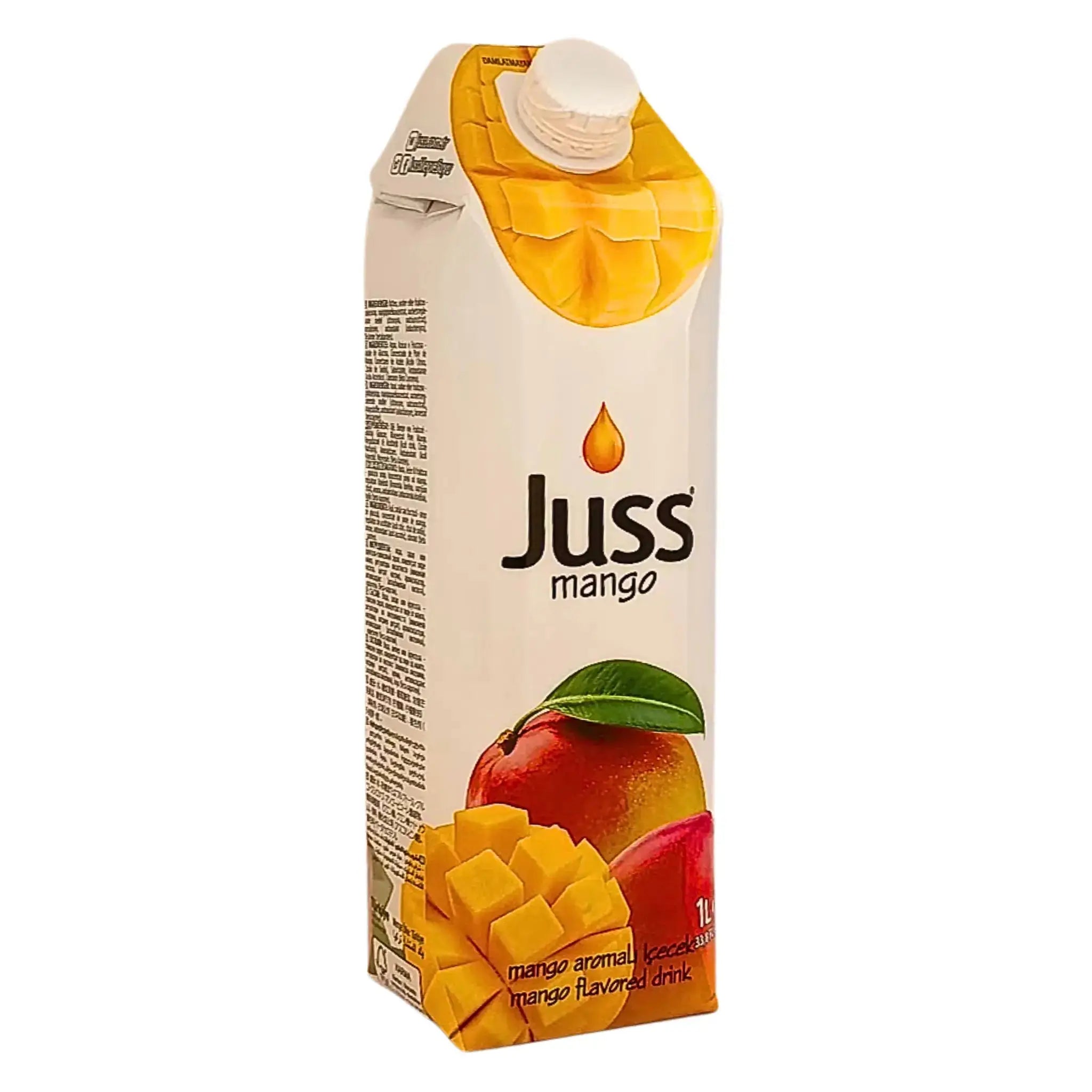 Juss mangojuice 1L tetra med färsk mango och mangotärningar på förpackningen