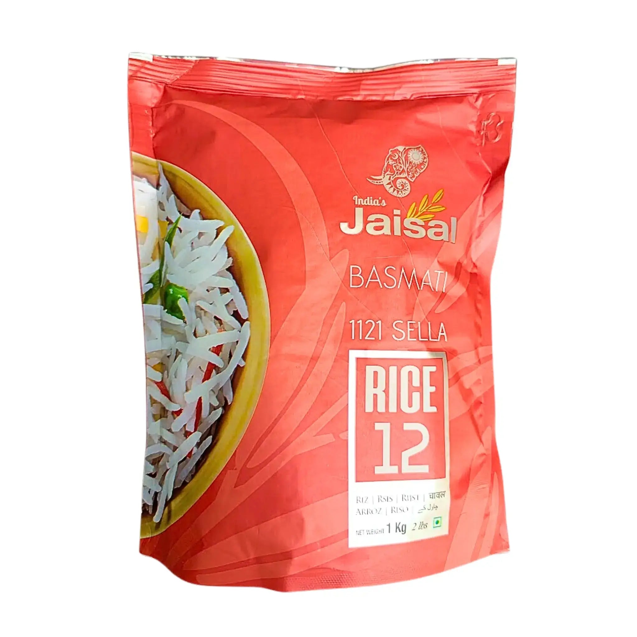 Jaisal Basmati 1121 Sella ris 1 kg, röd påse med risbild, orientaliskt långkornigt ris.