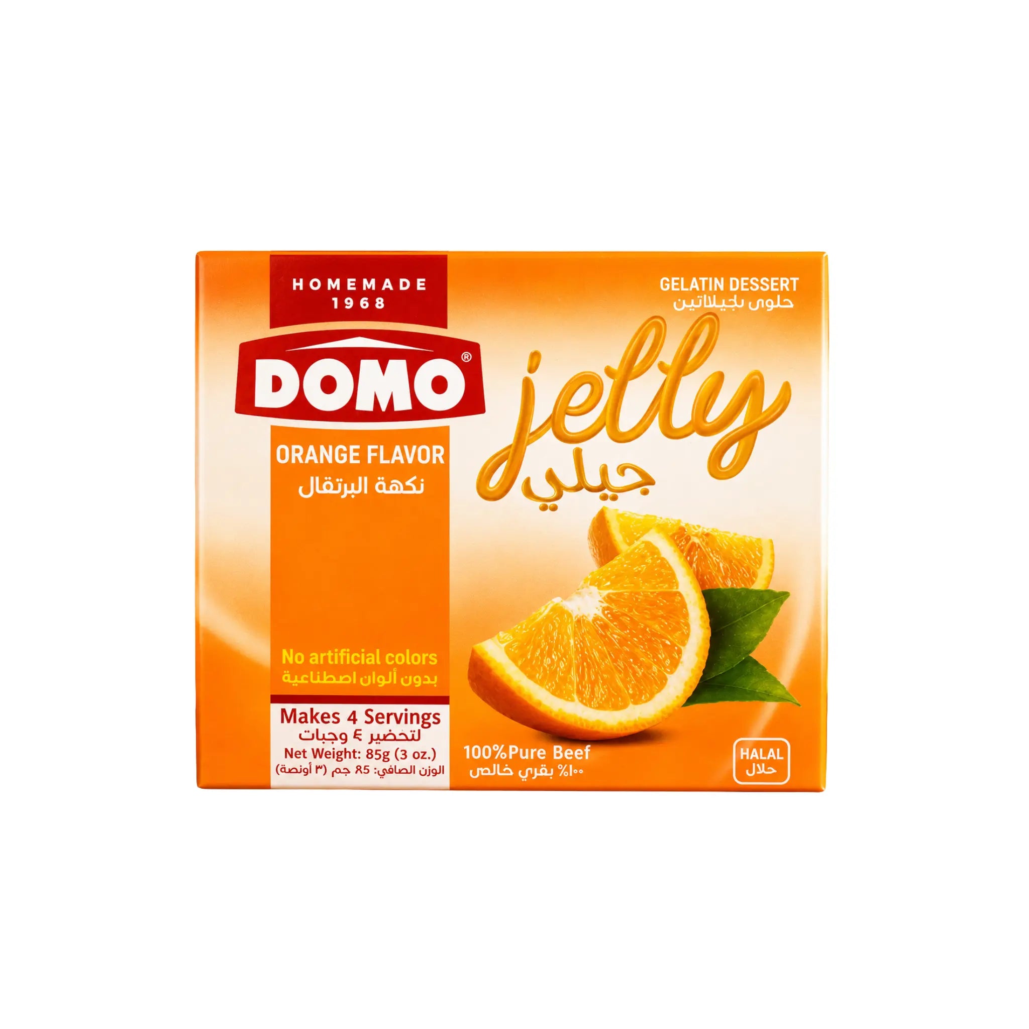 DOMO apelsingelé dessert i orange förpackning med apelsinillustrationer