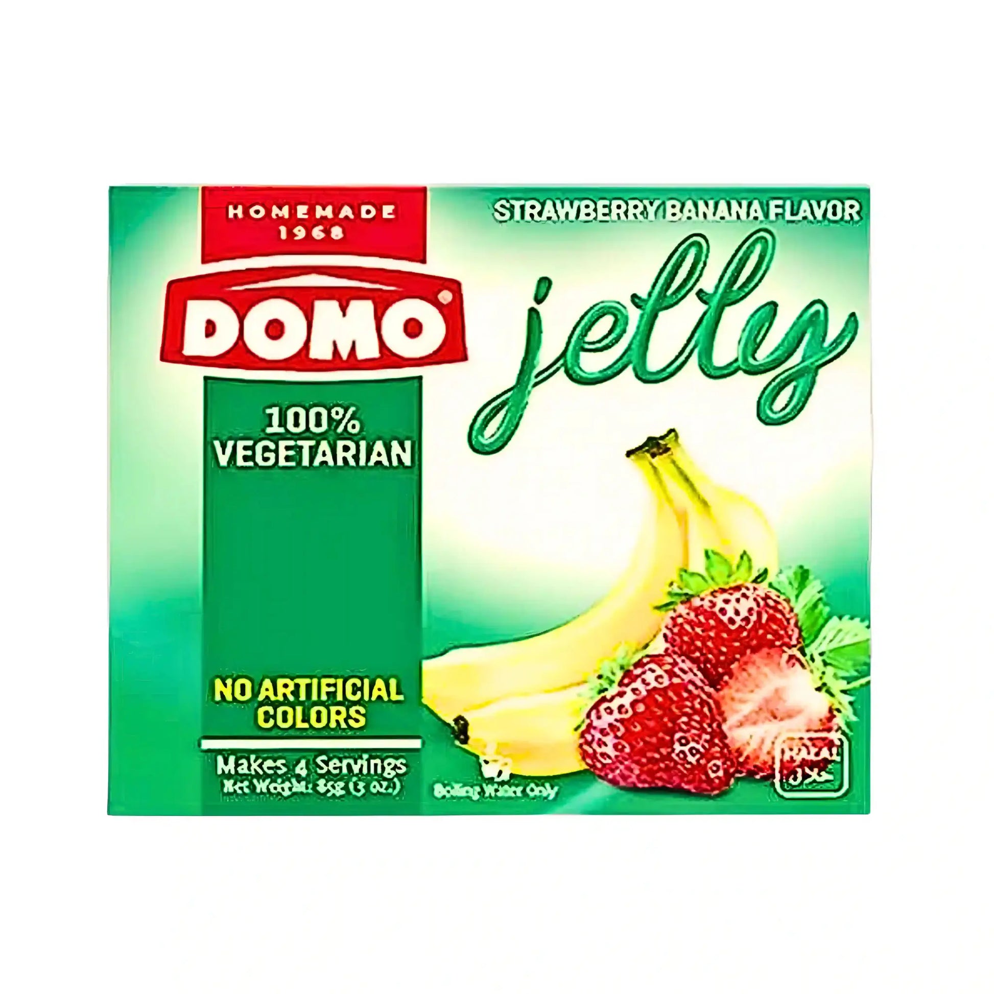 Domo jelly pulver med banan- och jordgubbssmak, vegetariskt, 85g för dessert.