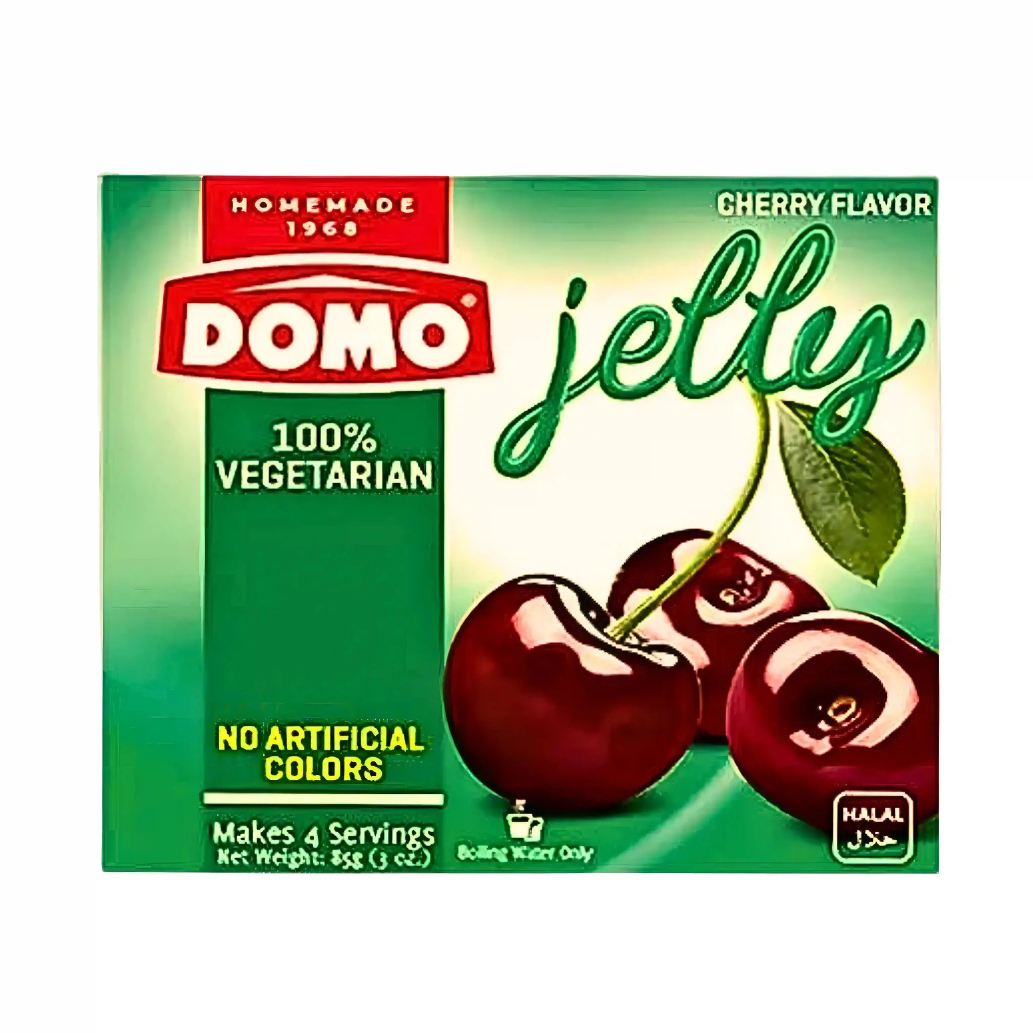 Förpackning Domo gelé körsbärssmak, 100% vegetariskt, inga konstgjorda färger, 85g