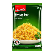 Chheda’s Nylon Sev 170g förpackning – tunna gyllene kikärtsnudlar för indiska chaat-rätter