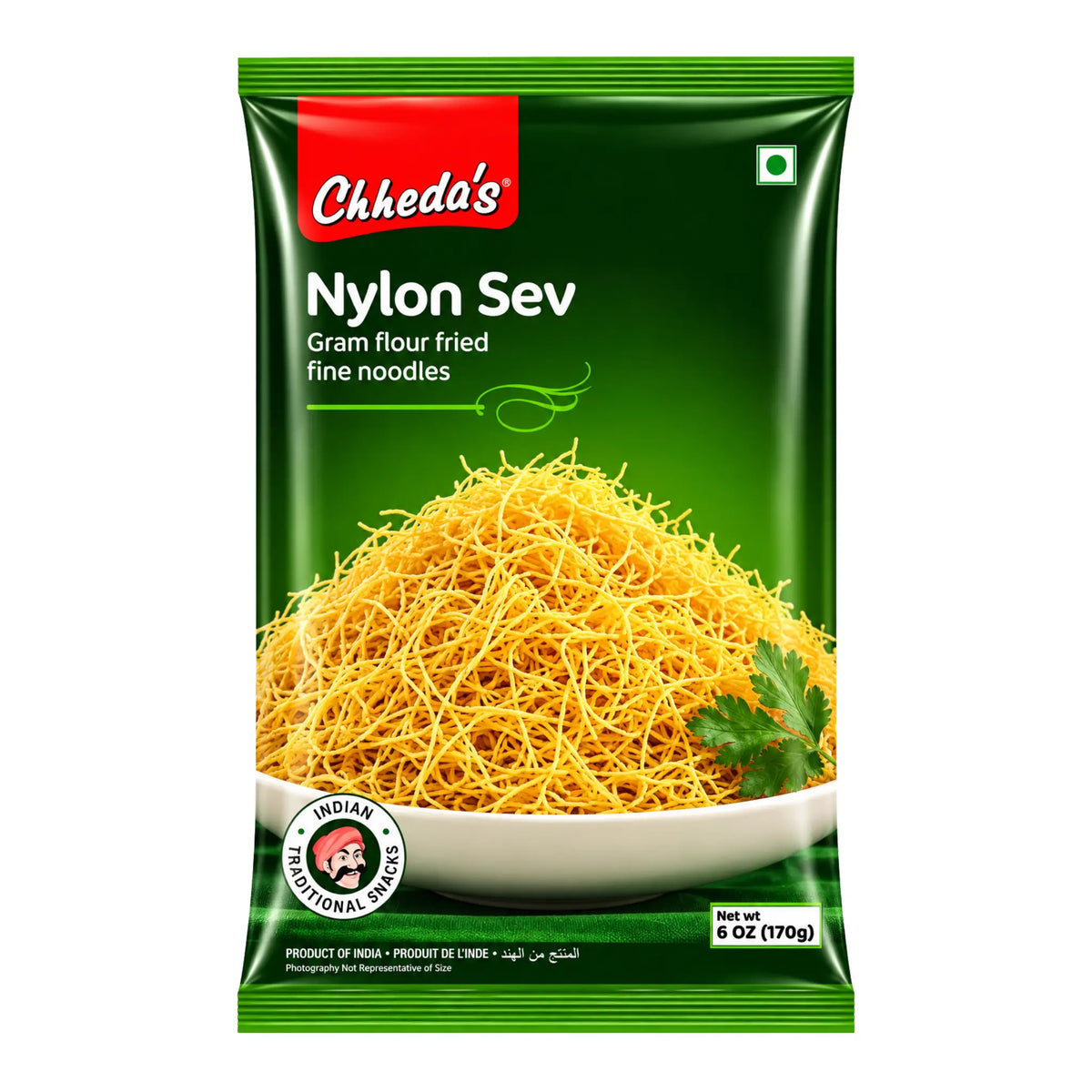 Chheda’s Nylon Sev 170g förpackning – tunna gyllene kikärtsnudlar för indiska chaat-rätter