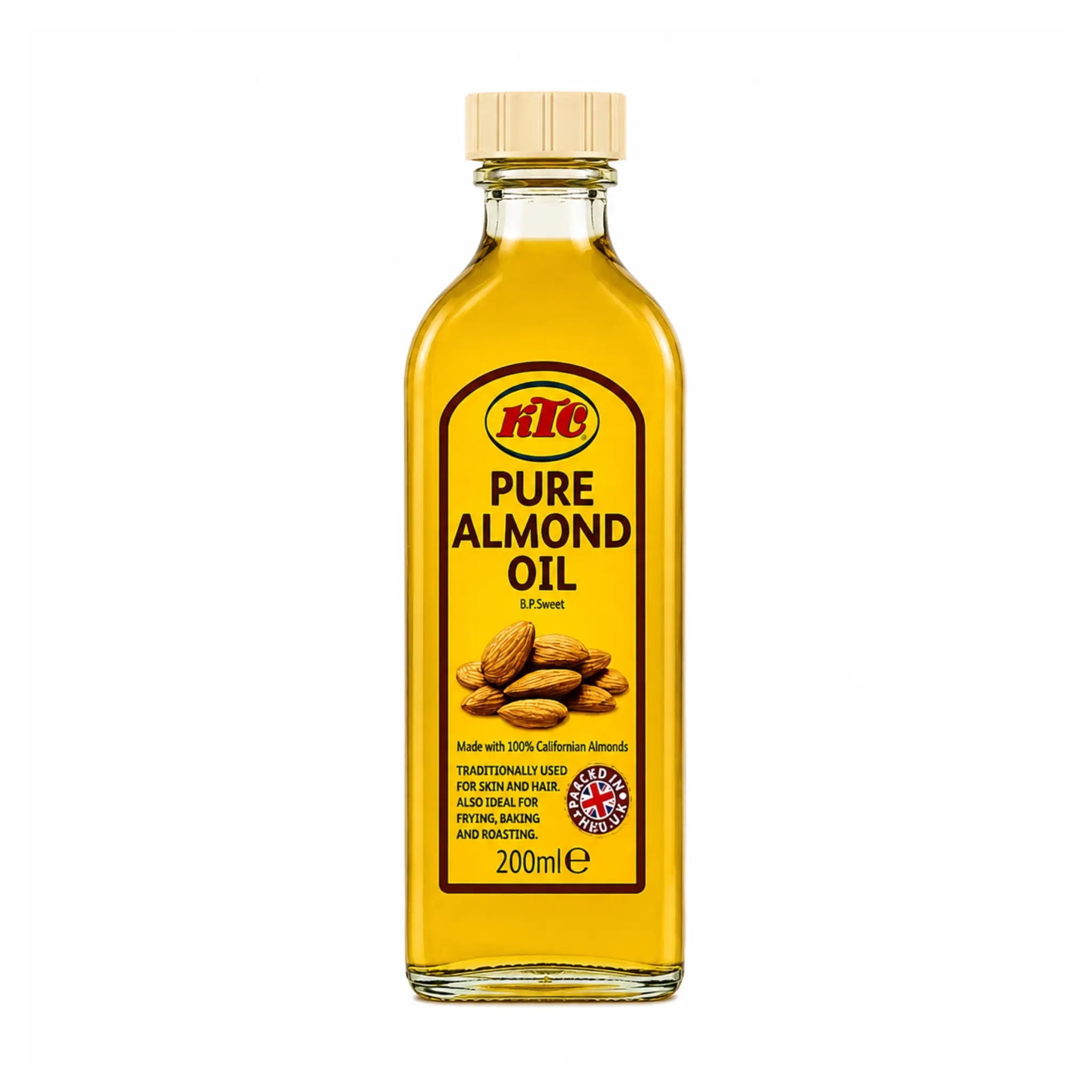 KTC mandelolja i glasflaska, 200 ml, med kork och etikett