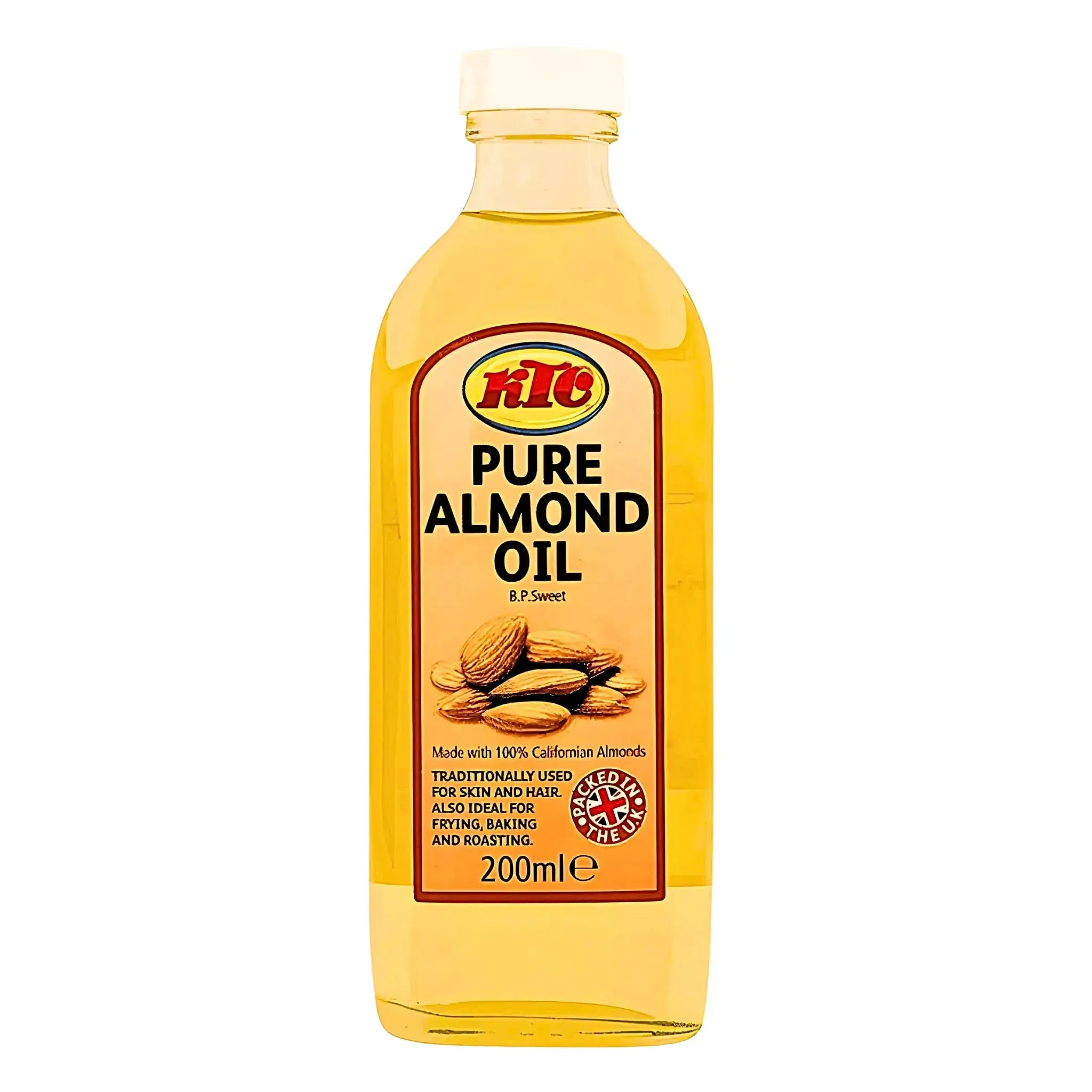 Flaska med KTC Mandelolja 200ml, klar gul olja, etikett med mandlar och text.