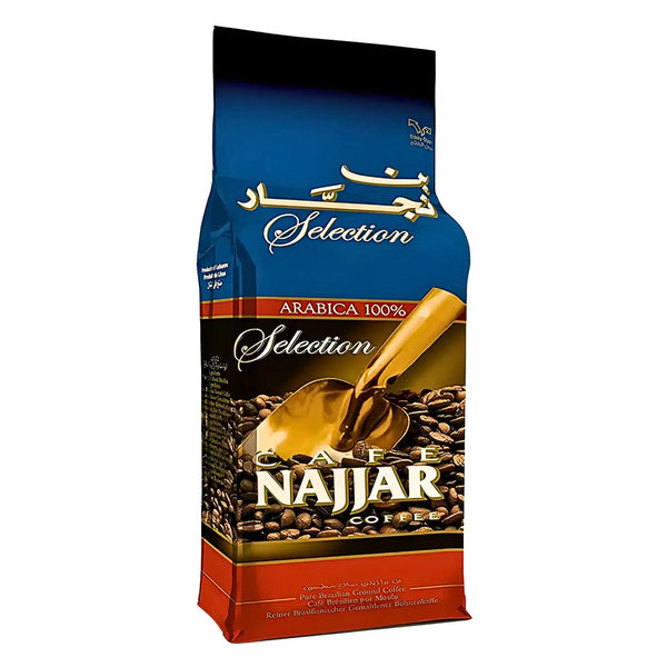 Kaffepaket Café Najjar Selection 200g, arabicabönor, orientaliskt kaffe med blå och guld design.