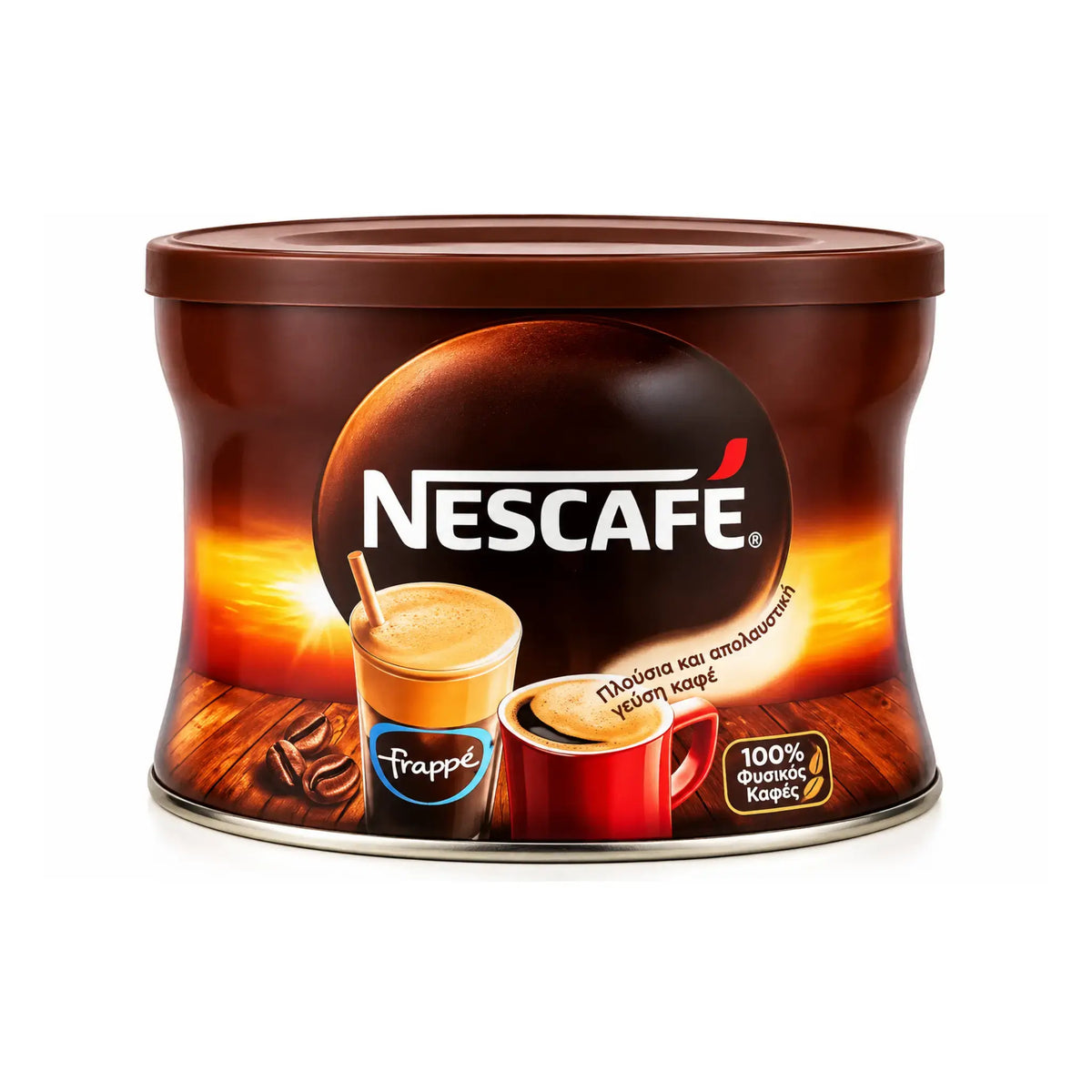 Nescafé Frappe kaffe i brun burk med rött lock och 100% kaffesymbol