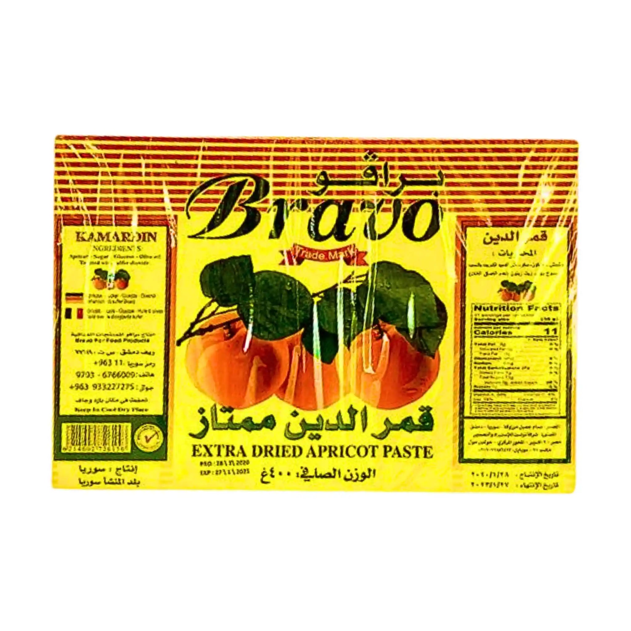 Bravo torkad aprikospasta 400g, förpackning med fruktbild och näringsinformation.