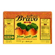 Aprikosfruktläder Bravo i kartongförpackning med aprikos och näringsinformation
