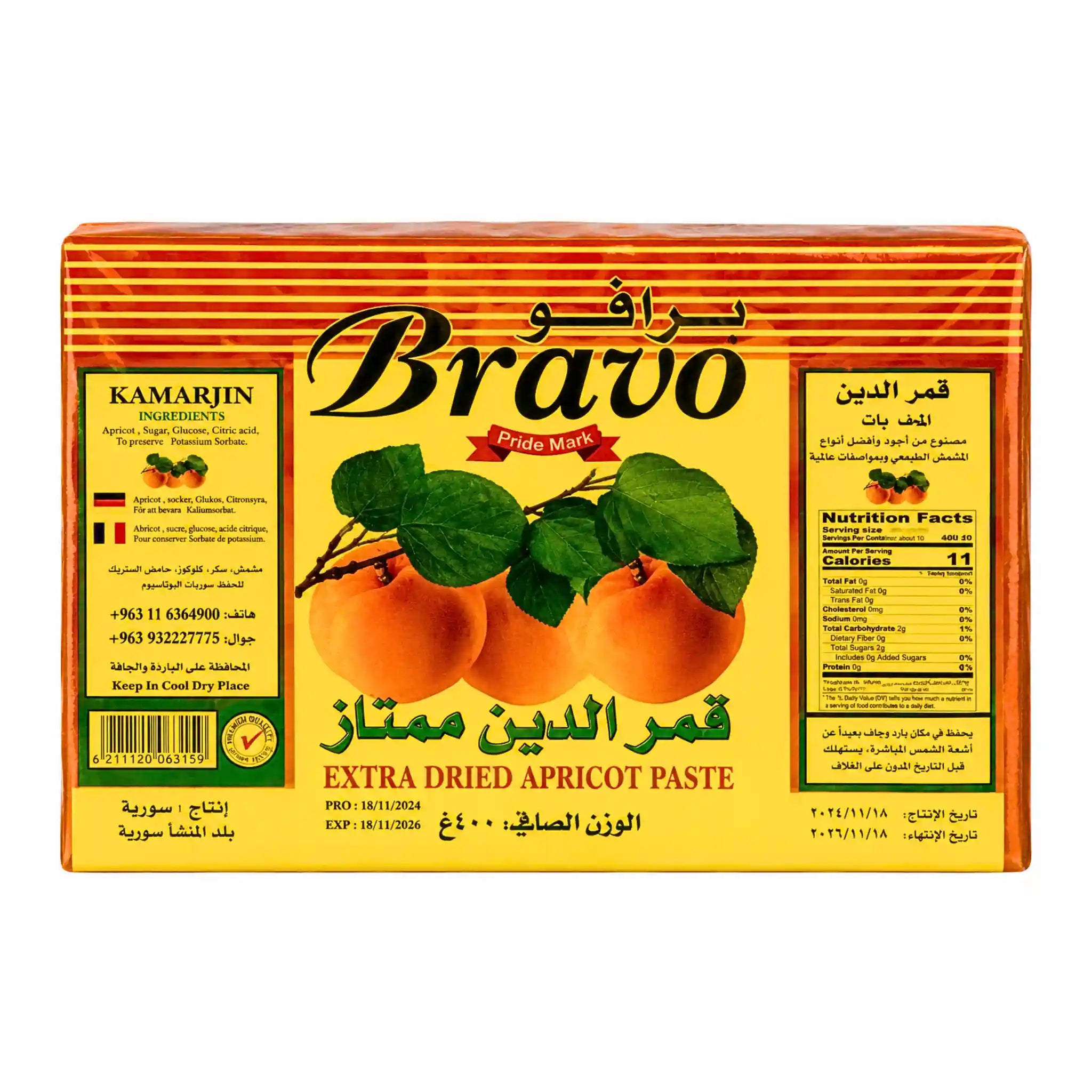Aprikosfruktläder Bravo i kartongförpackning med aprikos och näringsinformation