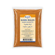 Påse med mald kanel, brun pulvermix, etikett och 65 g.