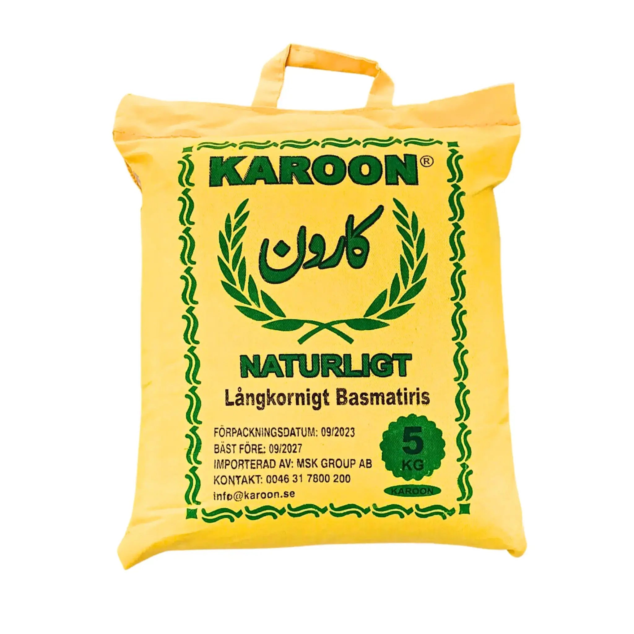 Påse med Karoon långkornigt basmatiris 5 kg, gul förpackning med grön text.