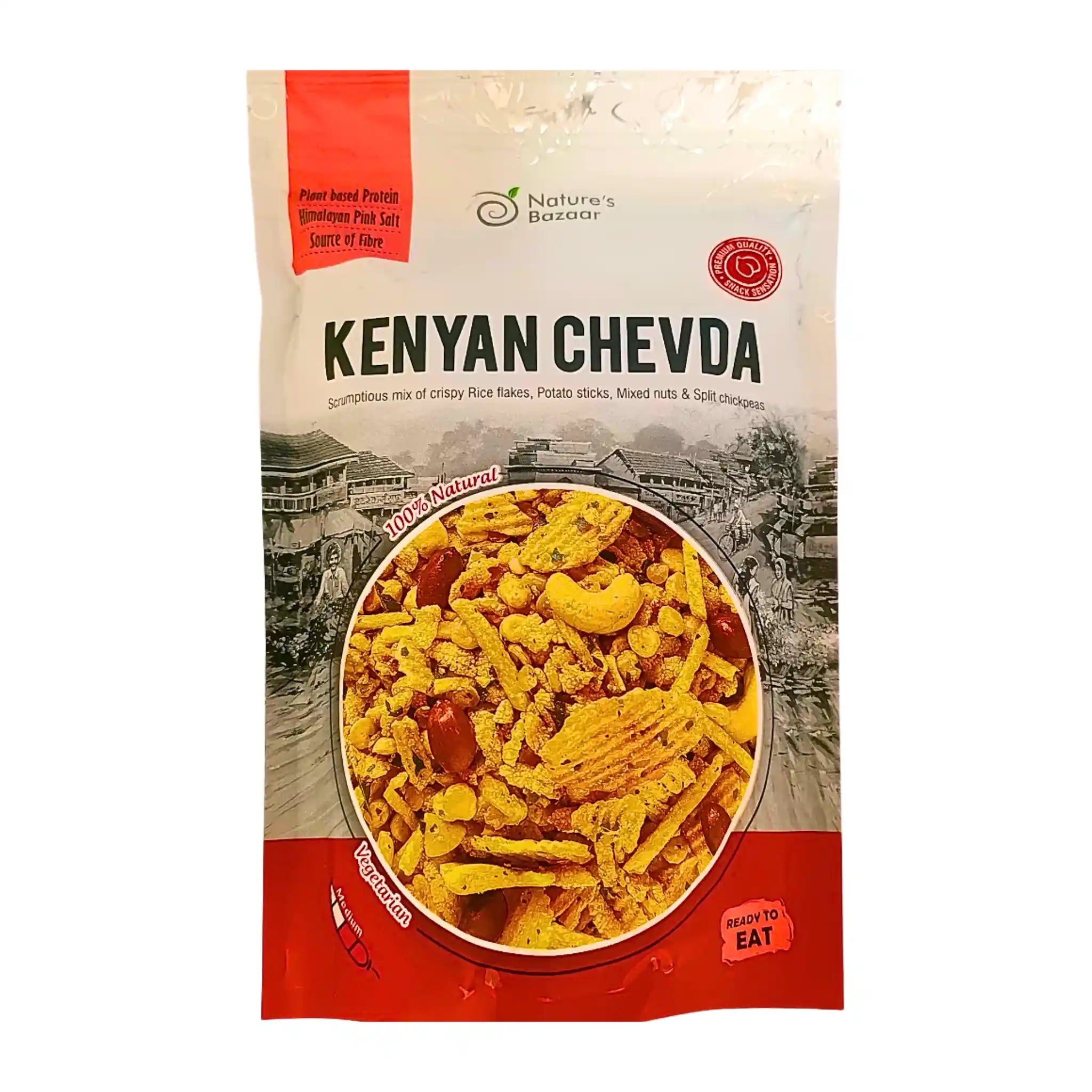 Förpackning med Kenyan Chevda, kryddig snacksblandning med risflingor, nötter och potatischips.