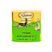 Khanum Butter Ghee 500g burk med ko och lantlig illustration, orientalisk matvara