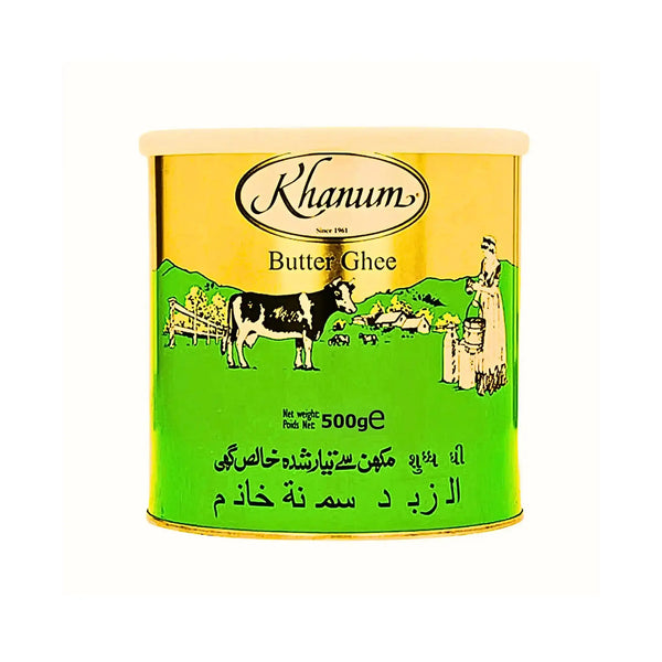 Khanum Butter Ghee 500g burk med ko och lantlig illustration, orientalisk matvara
