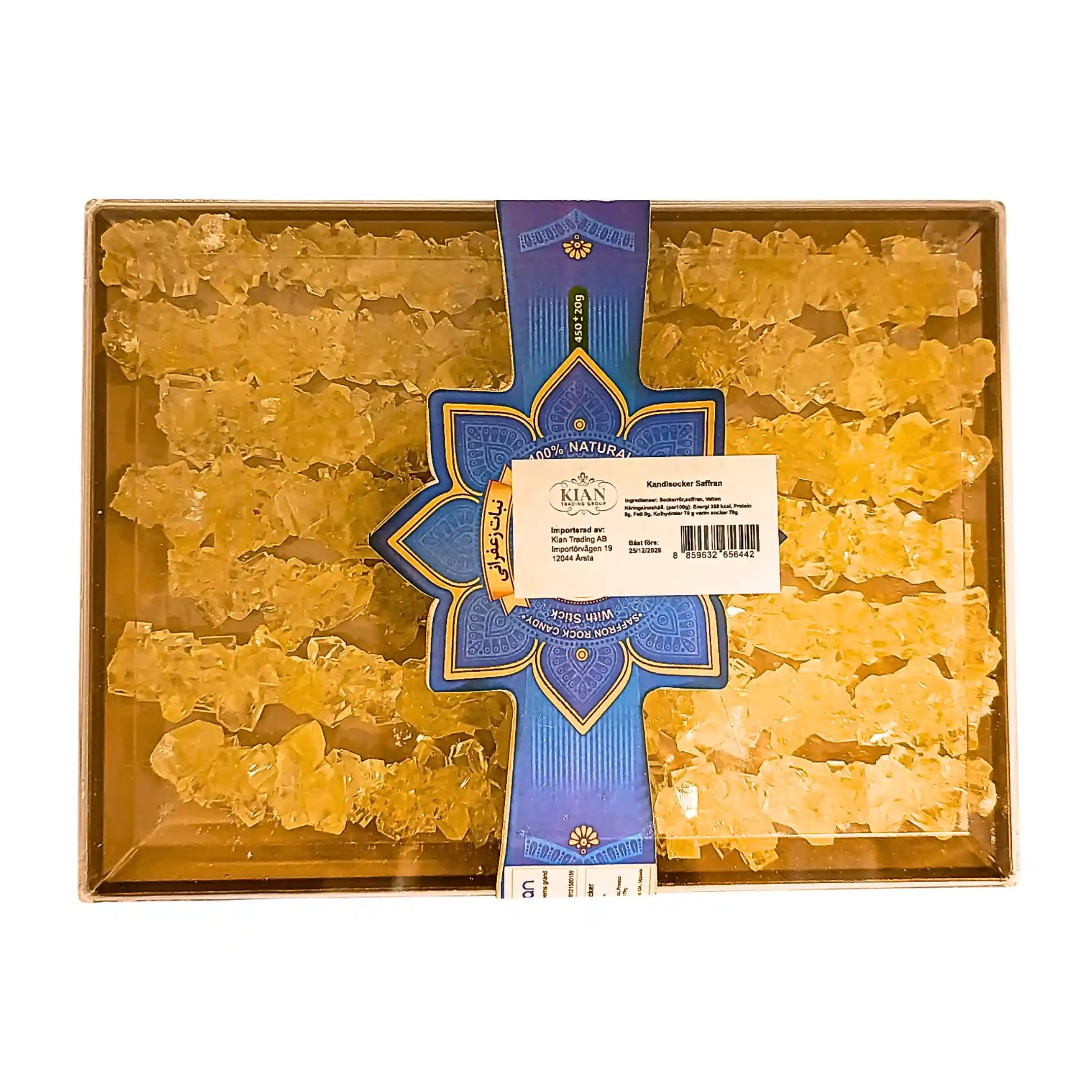 Kartong med gula saffranskristaller, orientaliskt godis, Kian Kandi Kandisocker