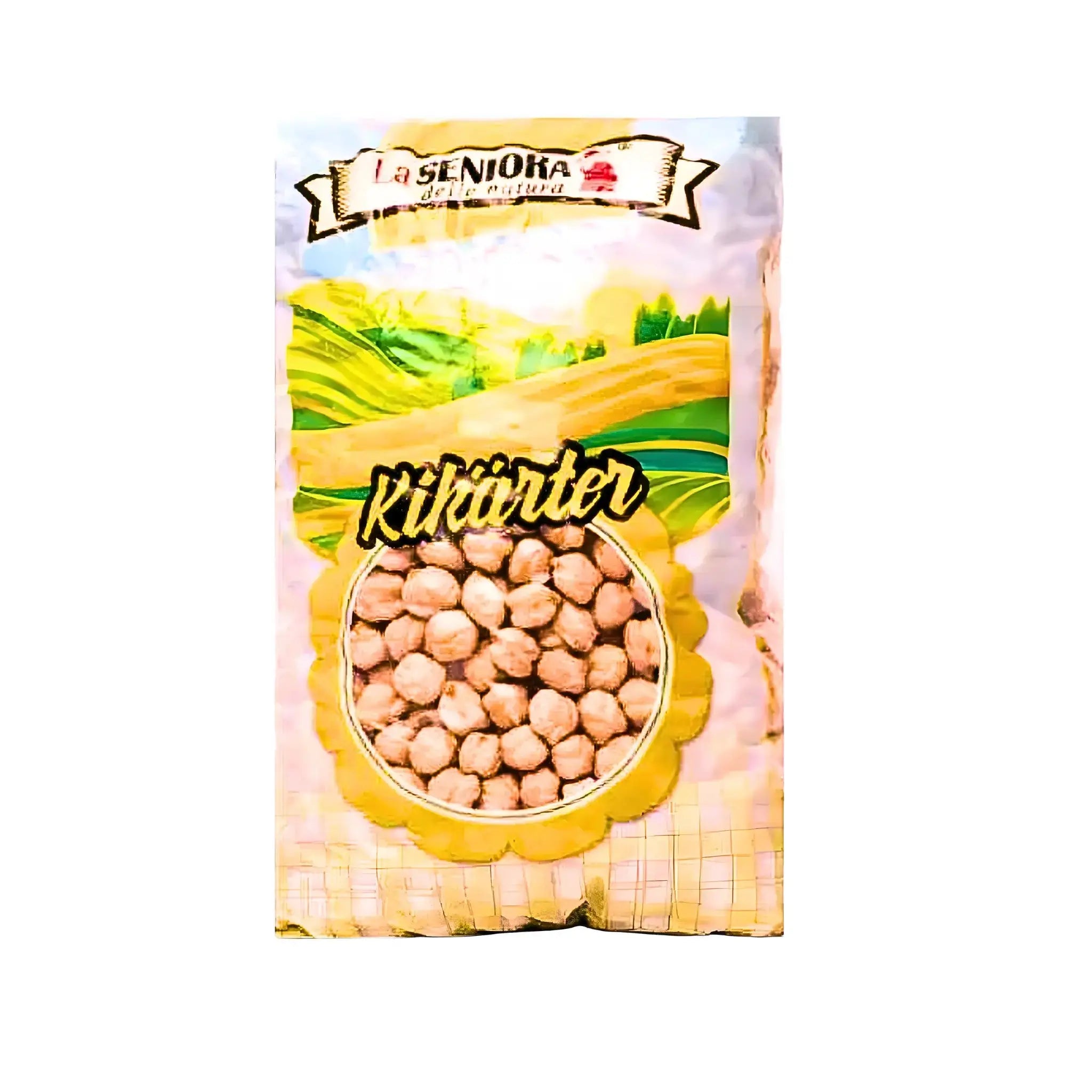 Förpackning med kikärtor 900g, tydlig bild på produkten mot vit bakgrund