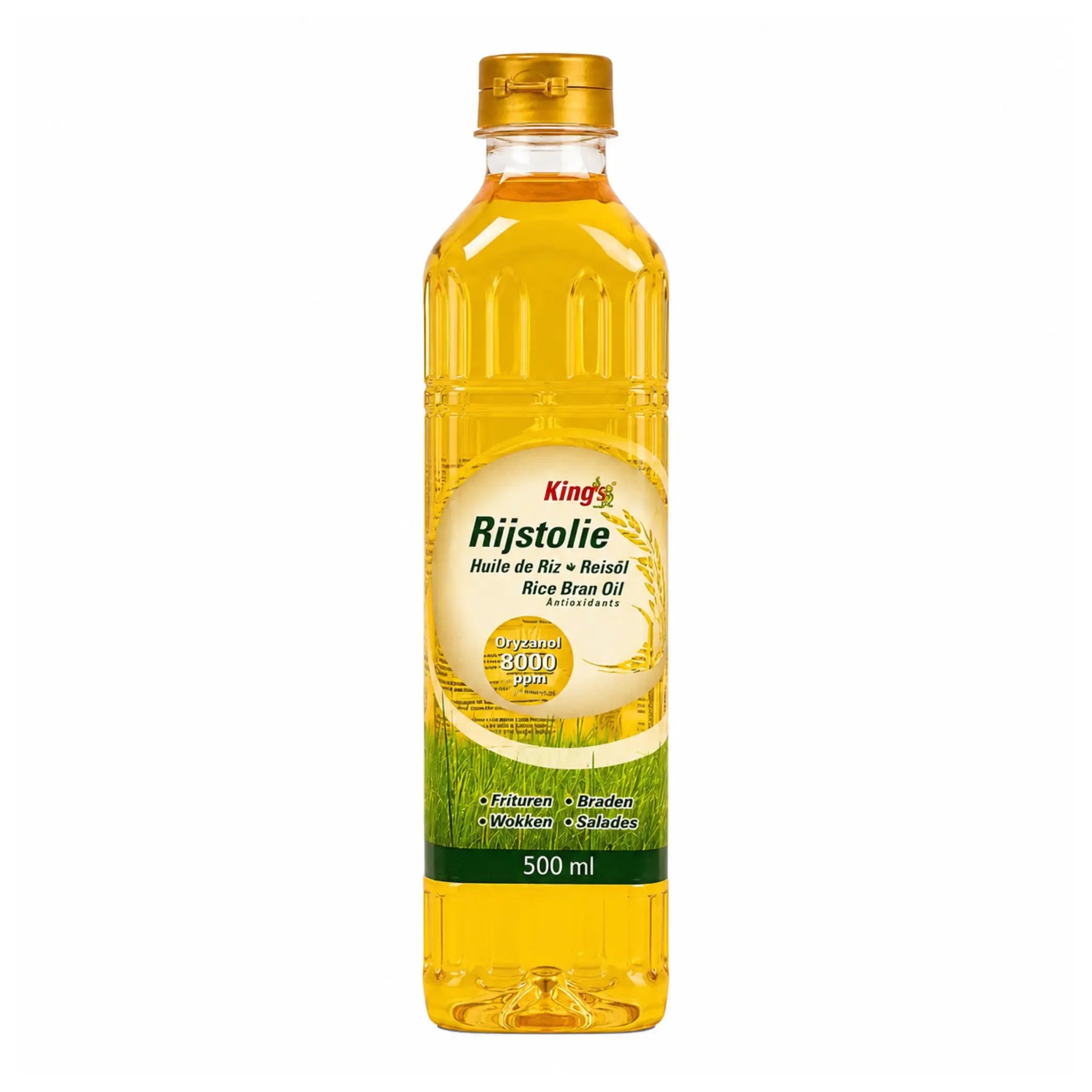 Risbranolja i 500 ml-flaska, bärnstensfärgad plast med gul etikett