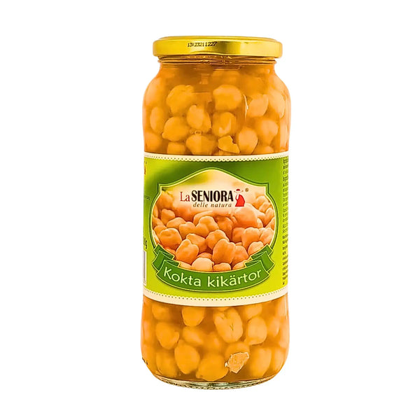 Glasburk med kokta kikärtor La Seniora 540g, närbild med grön etikett