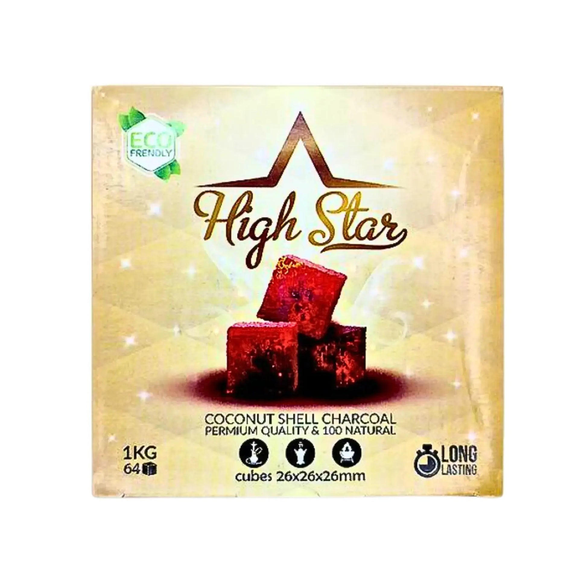 Förpackning med High Star kokosnötskol i kuber för vattenpipa, 1 kg, miljövänlig.