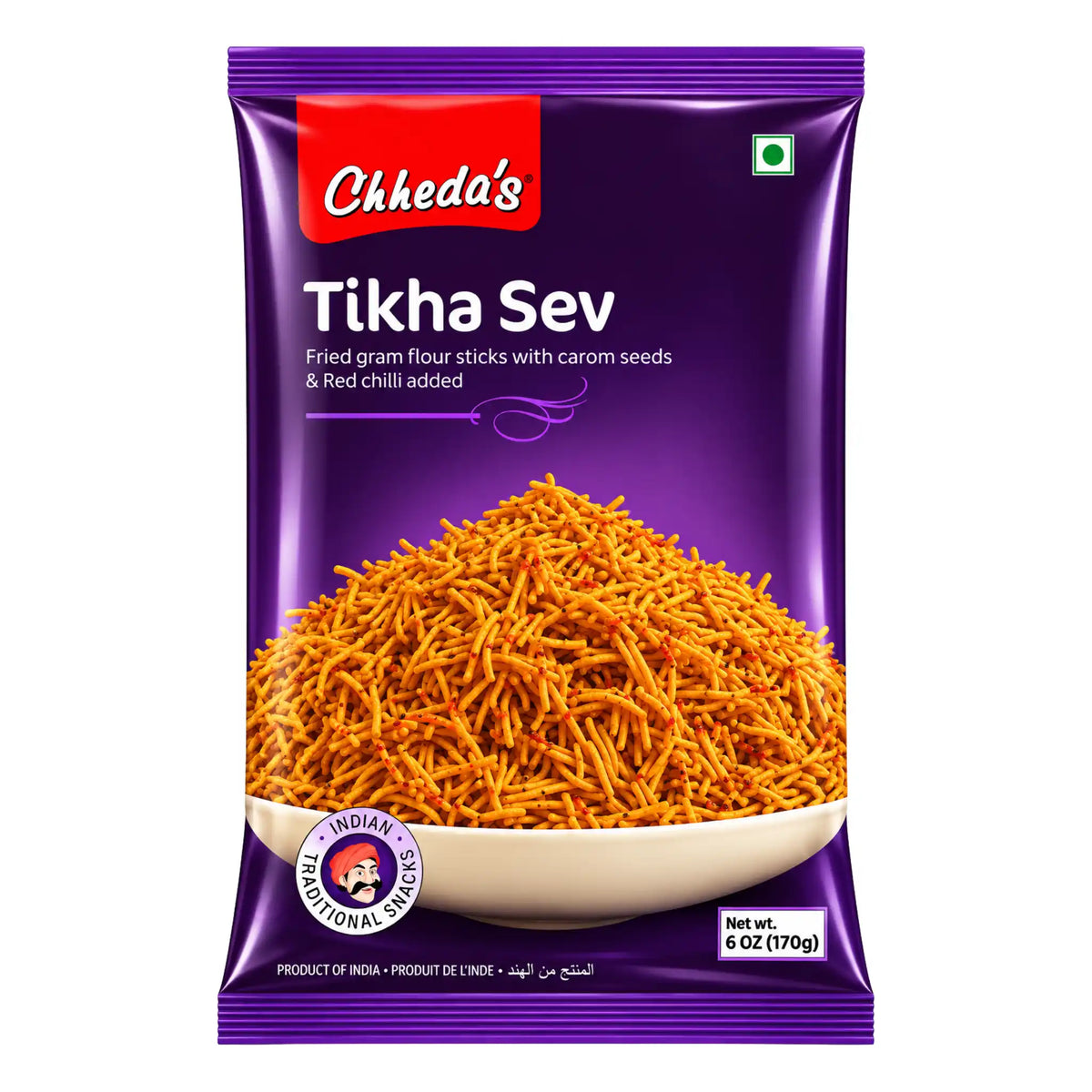 Påse med Chheda’s Tikha Sev 170g – kryddiga och starka röda/gula kikärtsnudlar för snacks och chaat